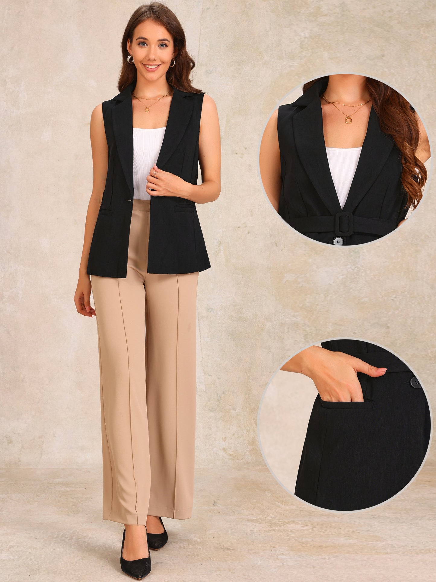 Women's Button Up Belt V Neck Sleeveless Waistcoat Suit Vest