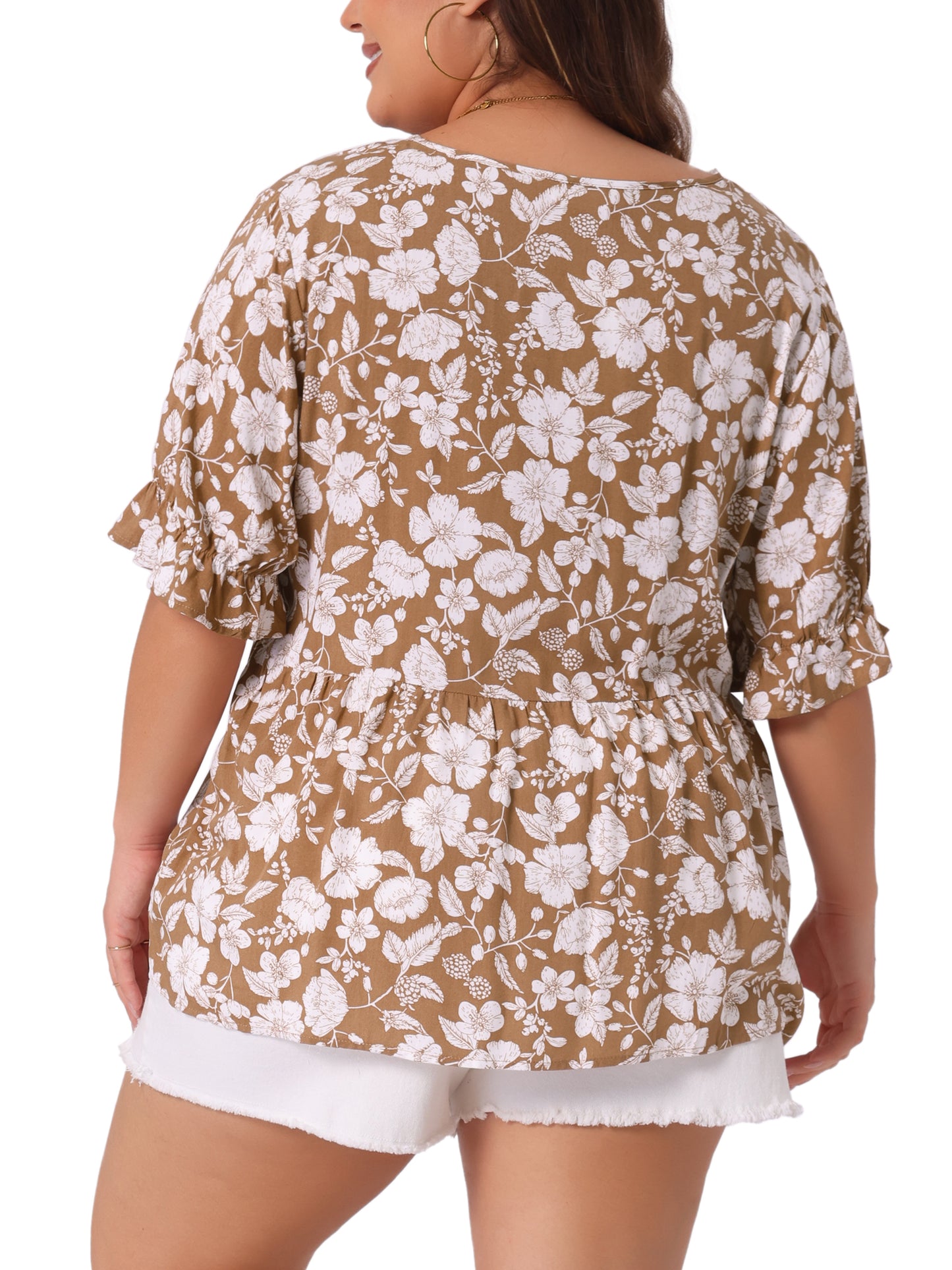 Women's Plus Size Top V Neck Floral Print Ruffle Short Sleeve Tiered Babydoll Blouse