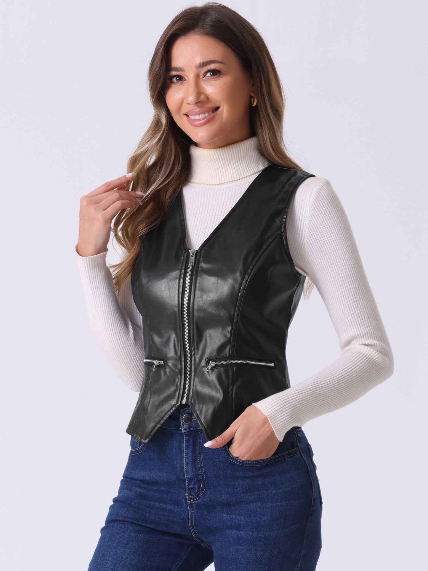 Women's Faux Leather Vintage Zipper Motorcycle Biker Vest