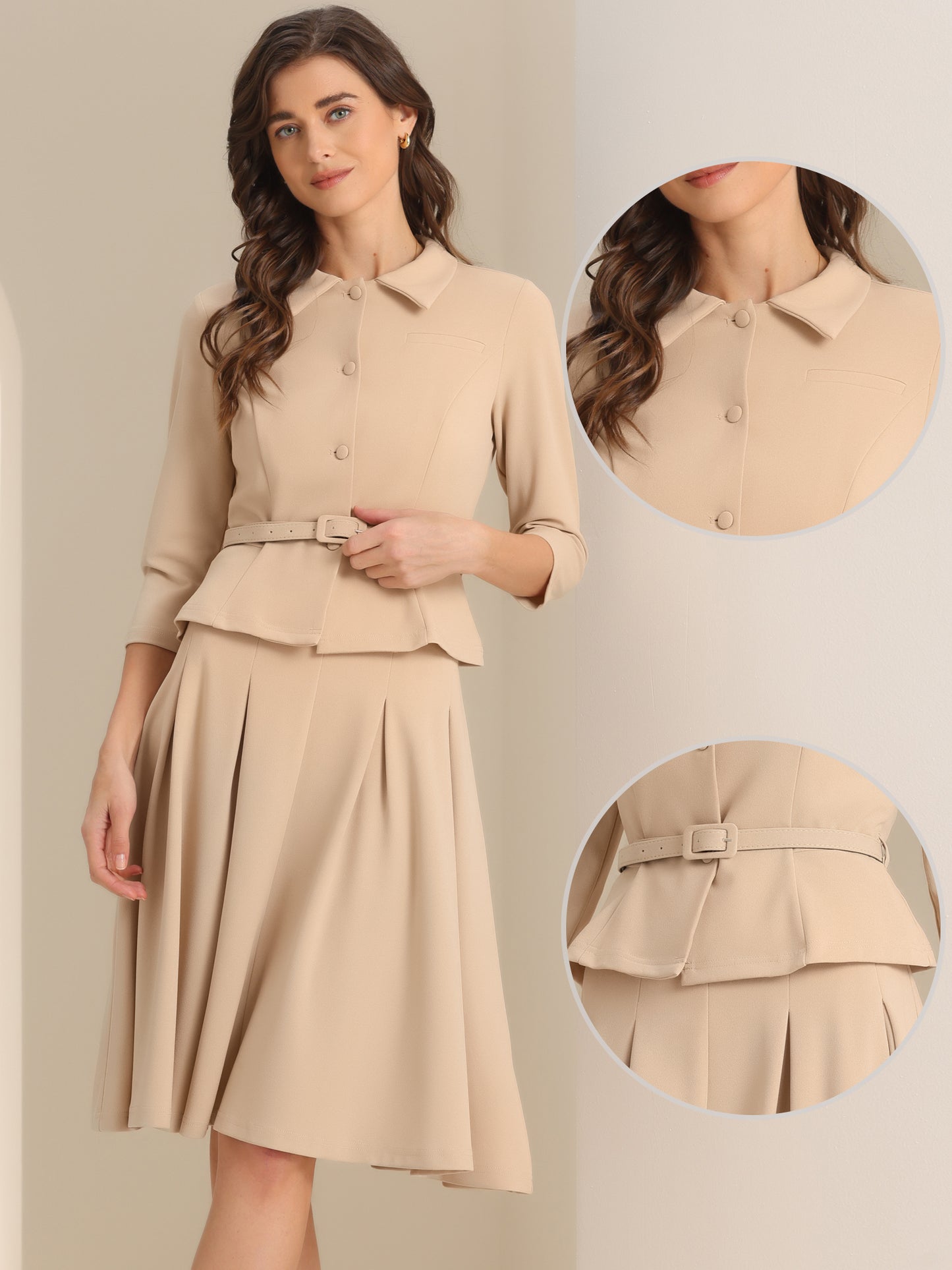 Women's 2 Piece Business Skirt Suit Set 3/4 Sleeve Office Blazer Pleated Skirt