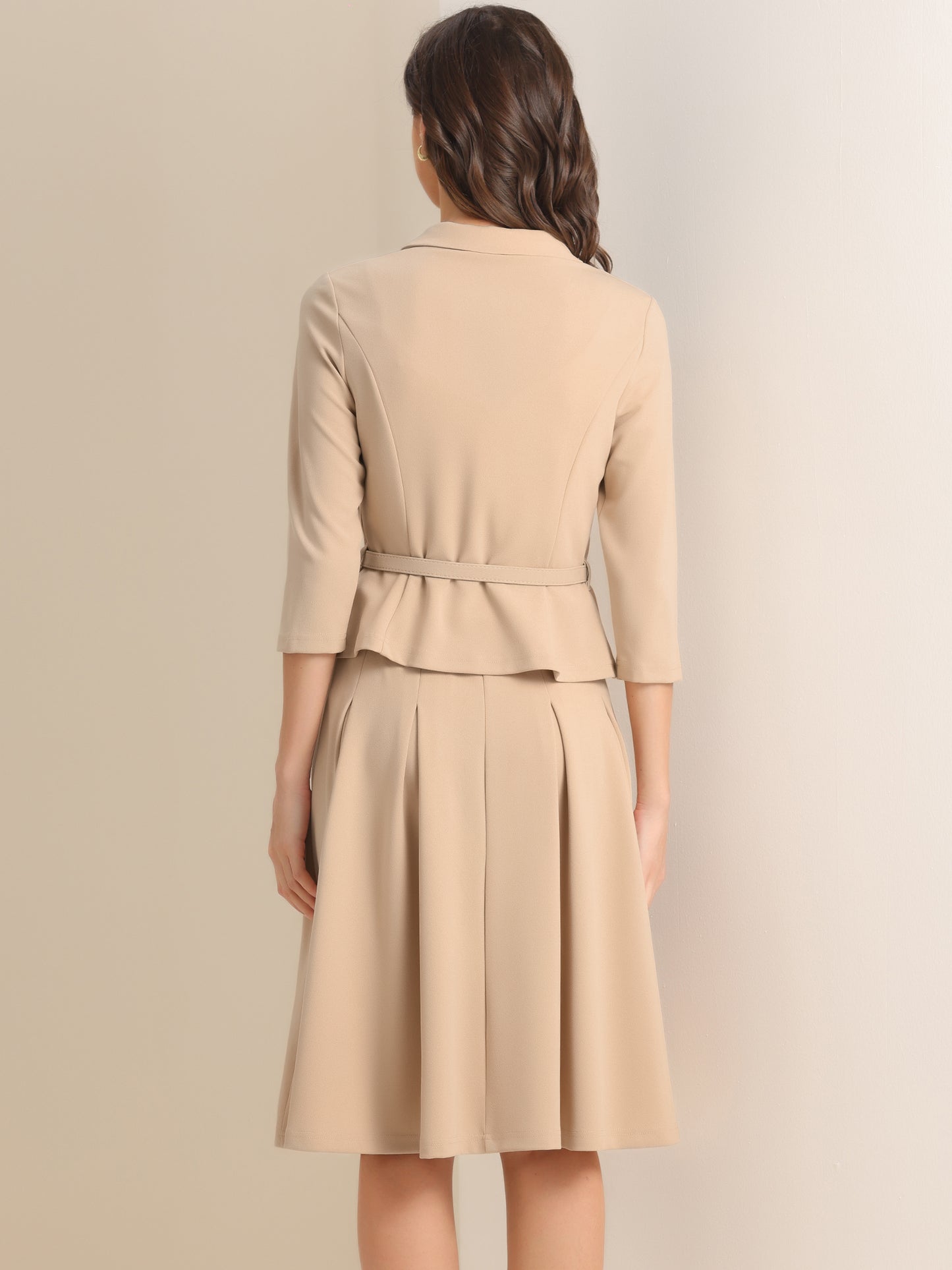 Women's 2 Piece Business Skirt Suit Set 3/4 Sleeve Office Blazer Pleated Skirt