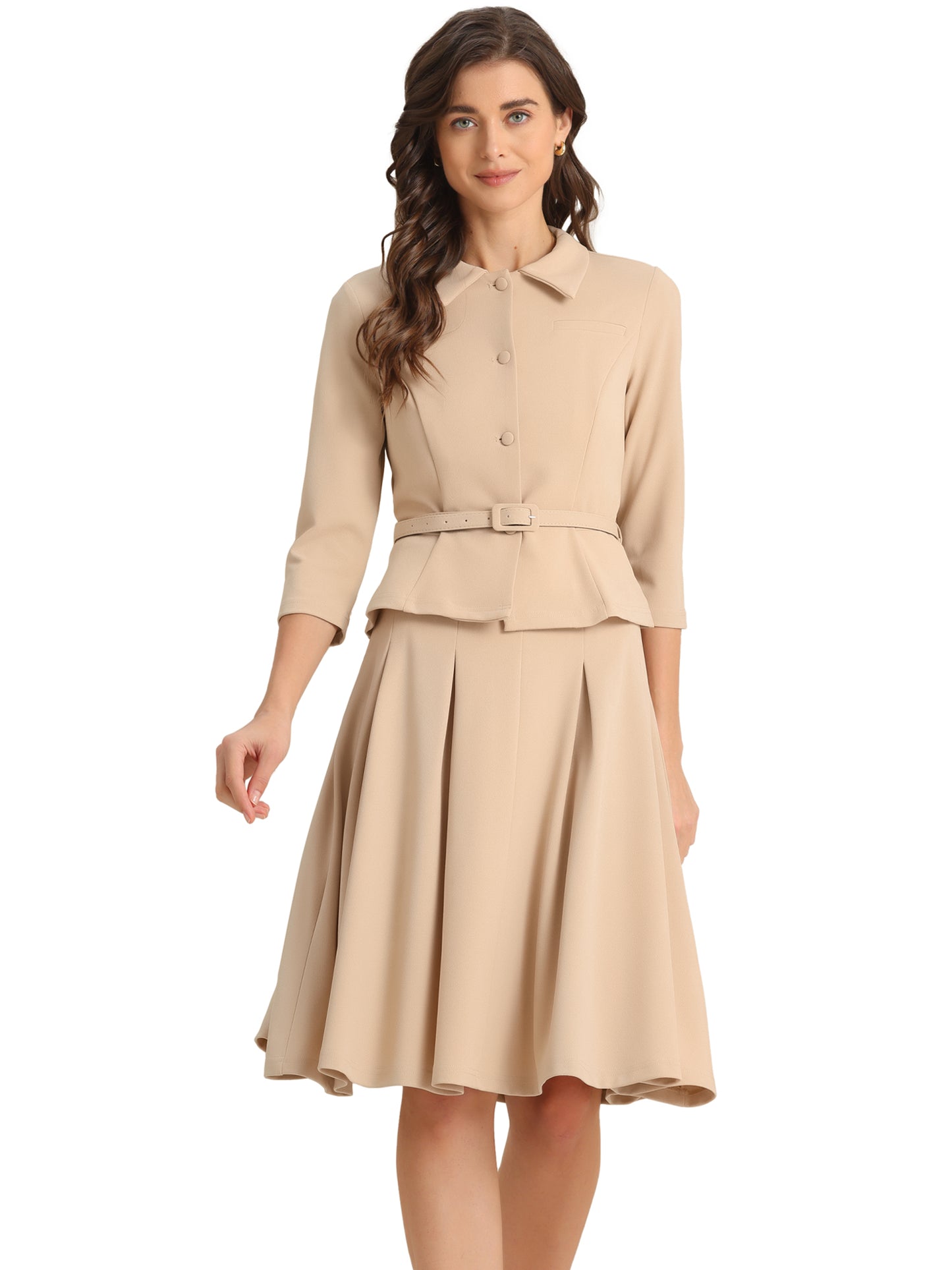 Women's 2 Piece Business Skirt Suit Set 3/4 Sleeve Office Blazer Pleated Skirt