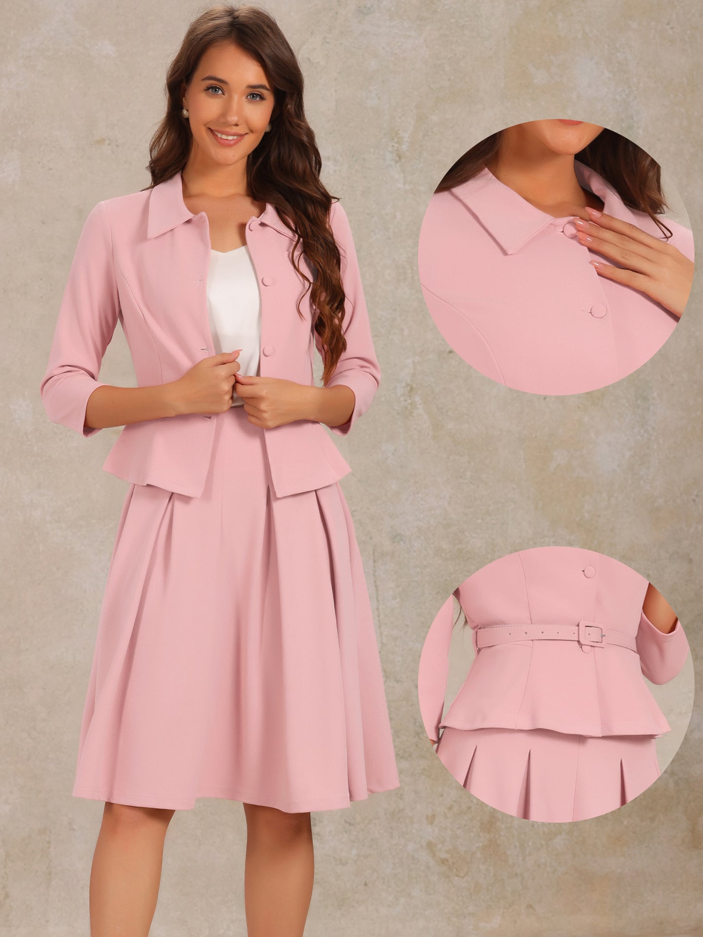 Women's 2 Piece Business Skirt Suit Set 3/4 Sleeve Office Blazer Pleated Skirt