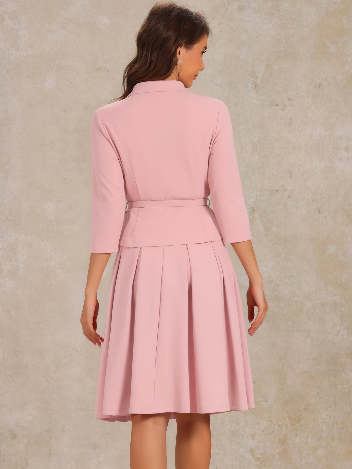 Women's 2 Piece Business Skirt Suit Set 3/4 Sleeve Office Blazer Pleated Skirt