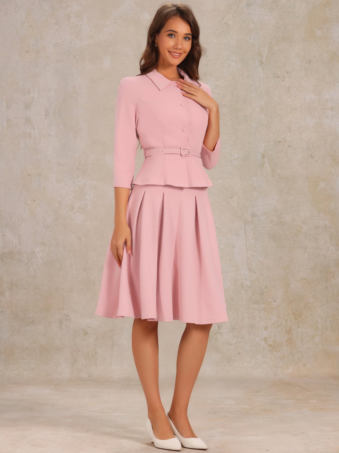 Women's 2 Piece Business Skirt Suit Set 3/4 Sleeve Office Blazer Pleated Skirt