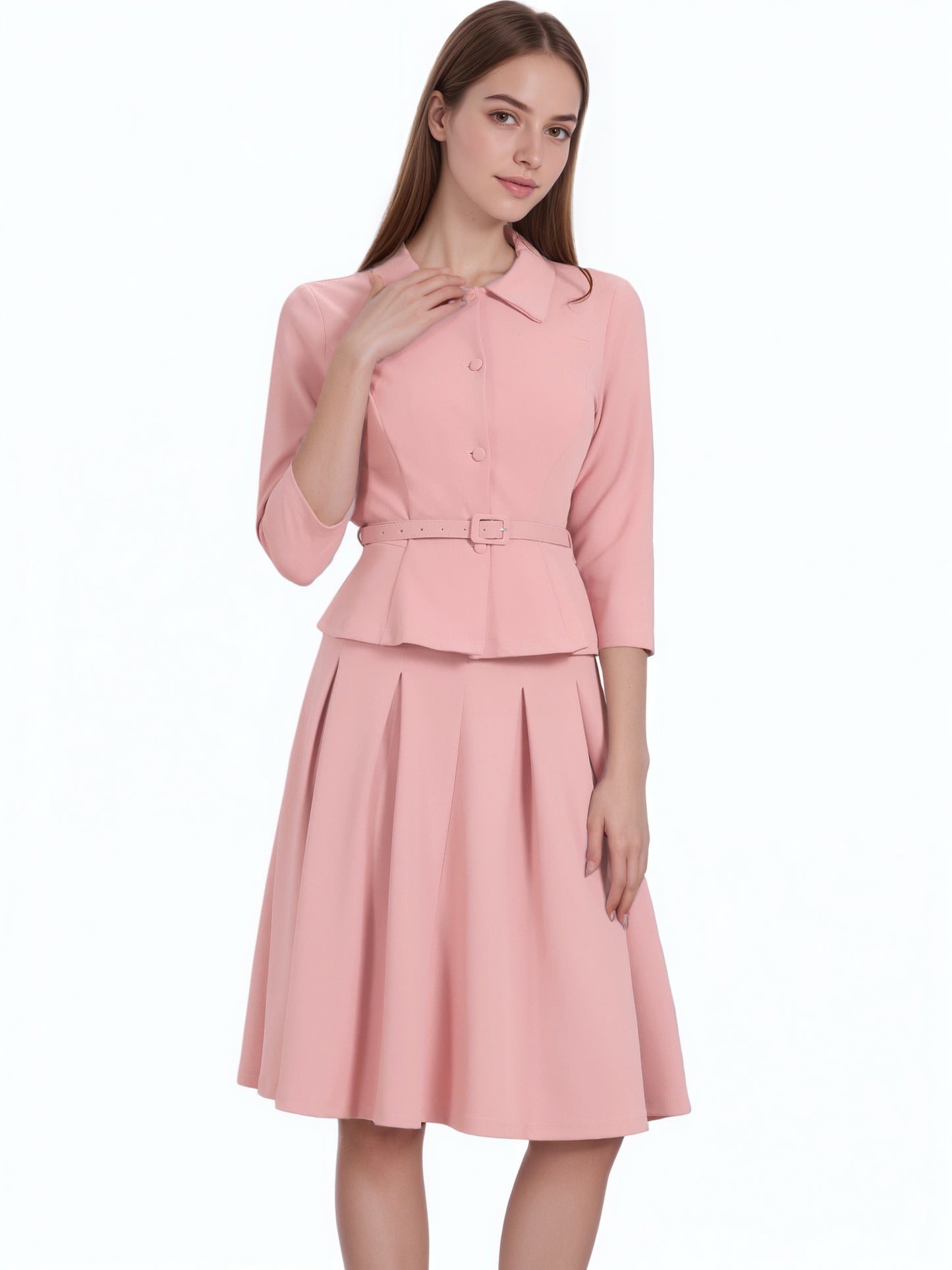 Women's 2 Piece Business Skirt Suit Set 3/4 Sleeve Office Blazer Pleated Skirt