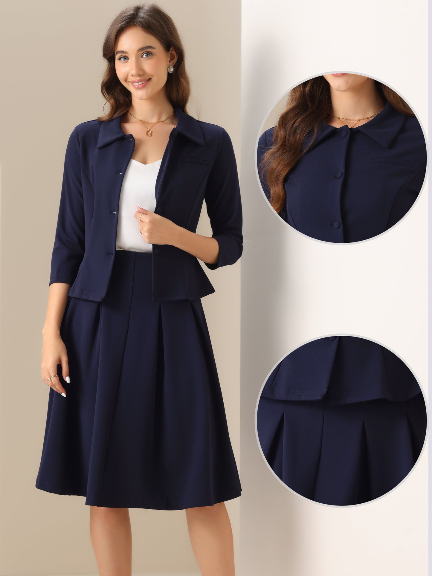 Women's 2 Piece Business Skirt Suit Set 3/4 Sleeve Office Blazer Pleated Skirt