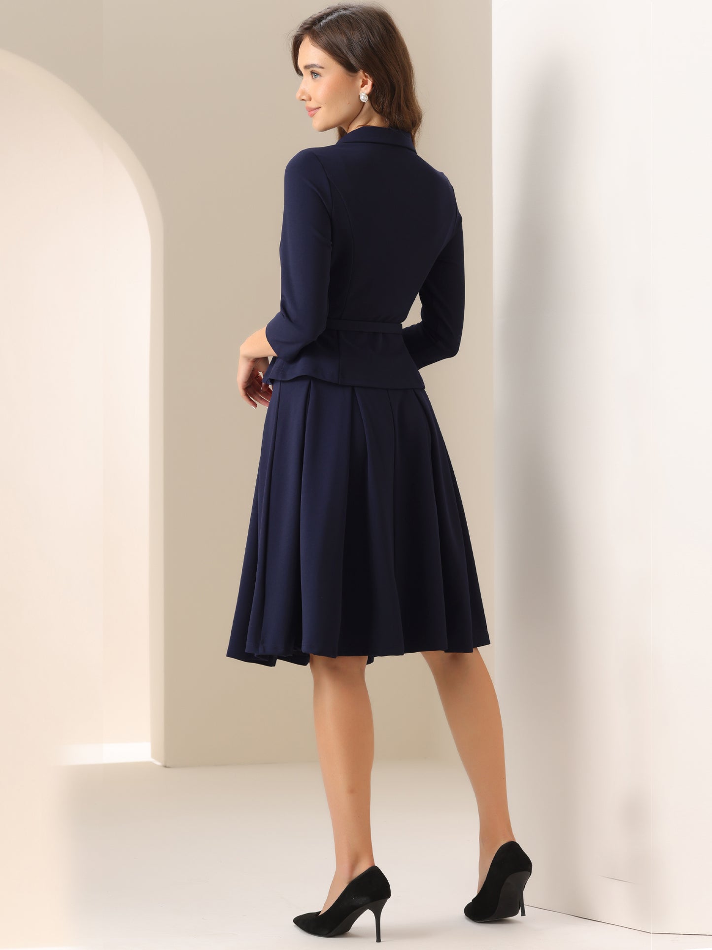 Women's 2 Piece Business Skirt Suit Set 3/4 Sleeve Office Blazer Pleated Skirt