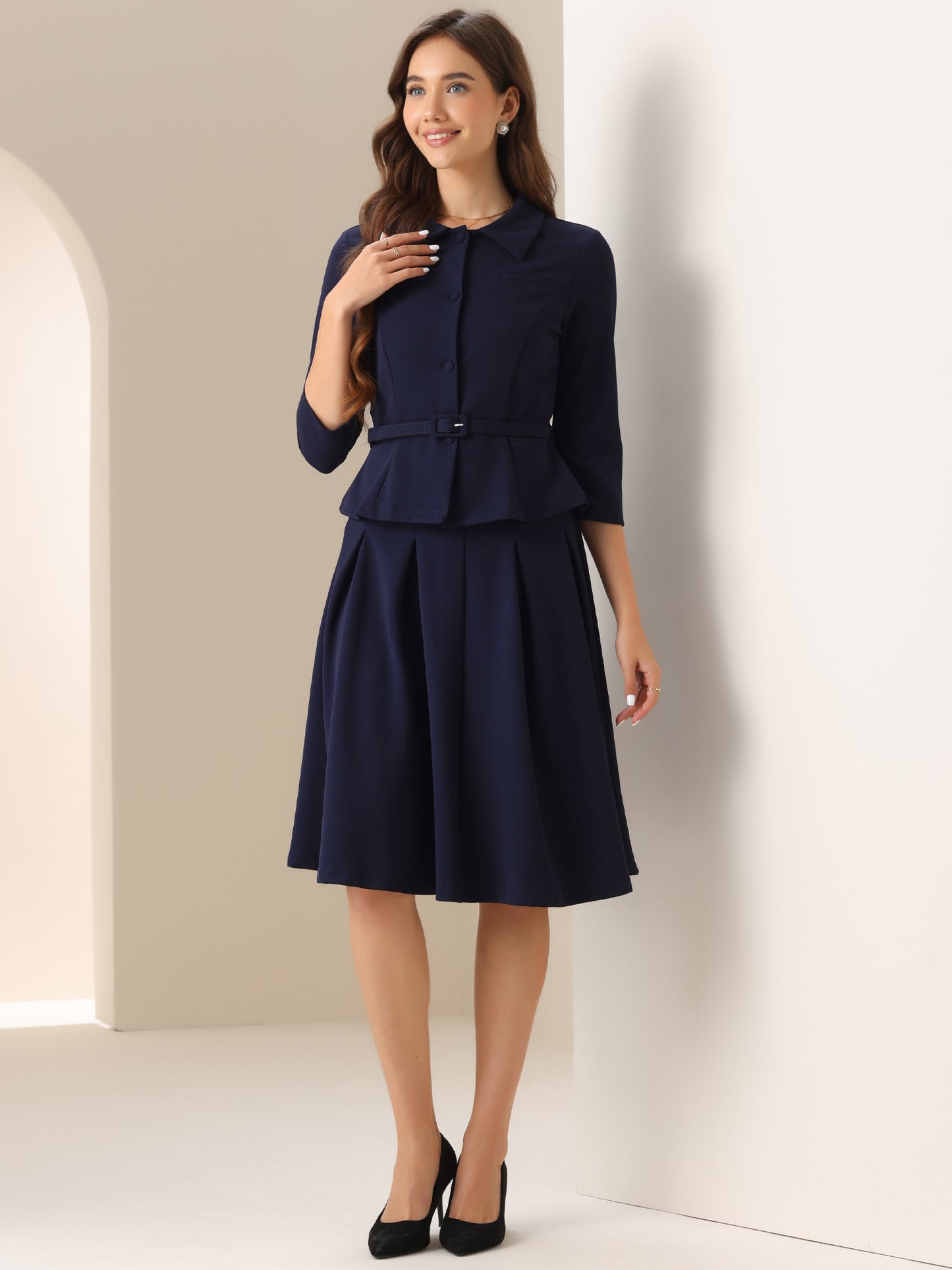 Women's 2 Piece Business Skirt Suit Set 3/4 Sleeve Office Blazer Pleated Skirt