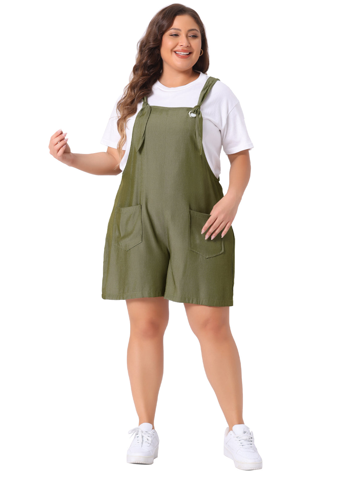 Women's Plus Size Sleeveless Square Neck Tie Shoulder Romper Shorts