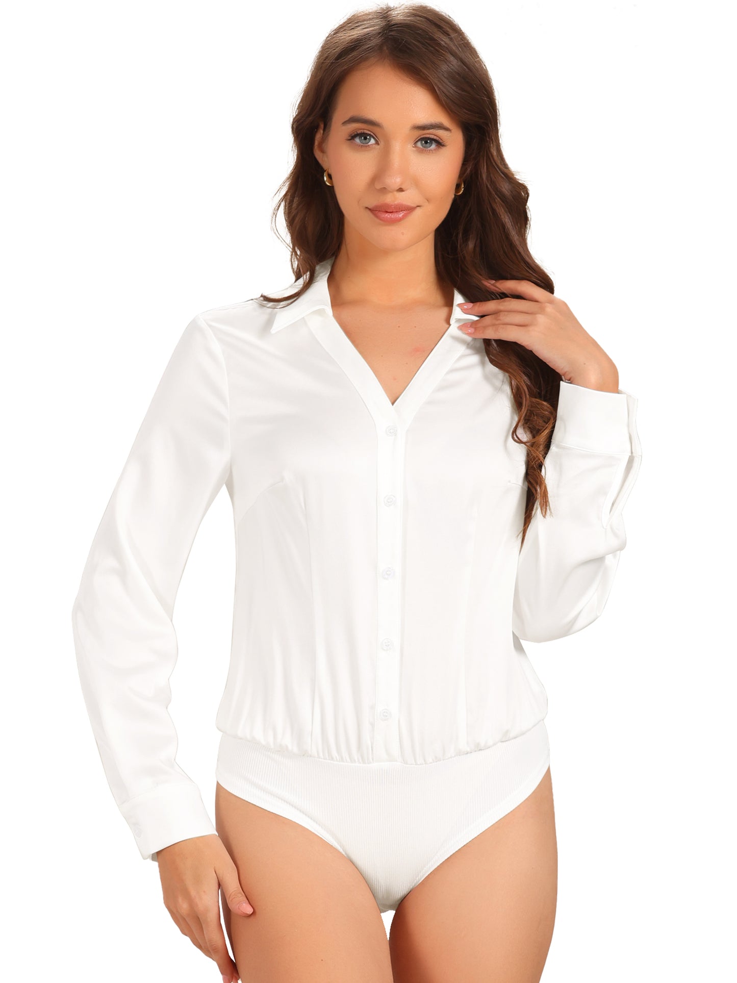 Women's Button Down Business Bodysuit Collared Long Sleeve Work Shirt Casual Top