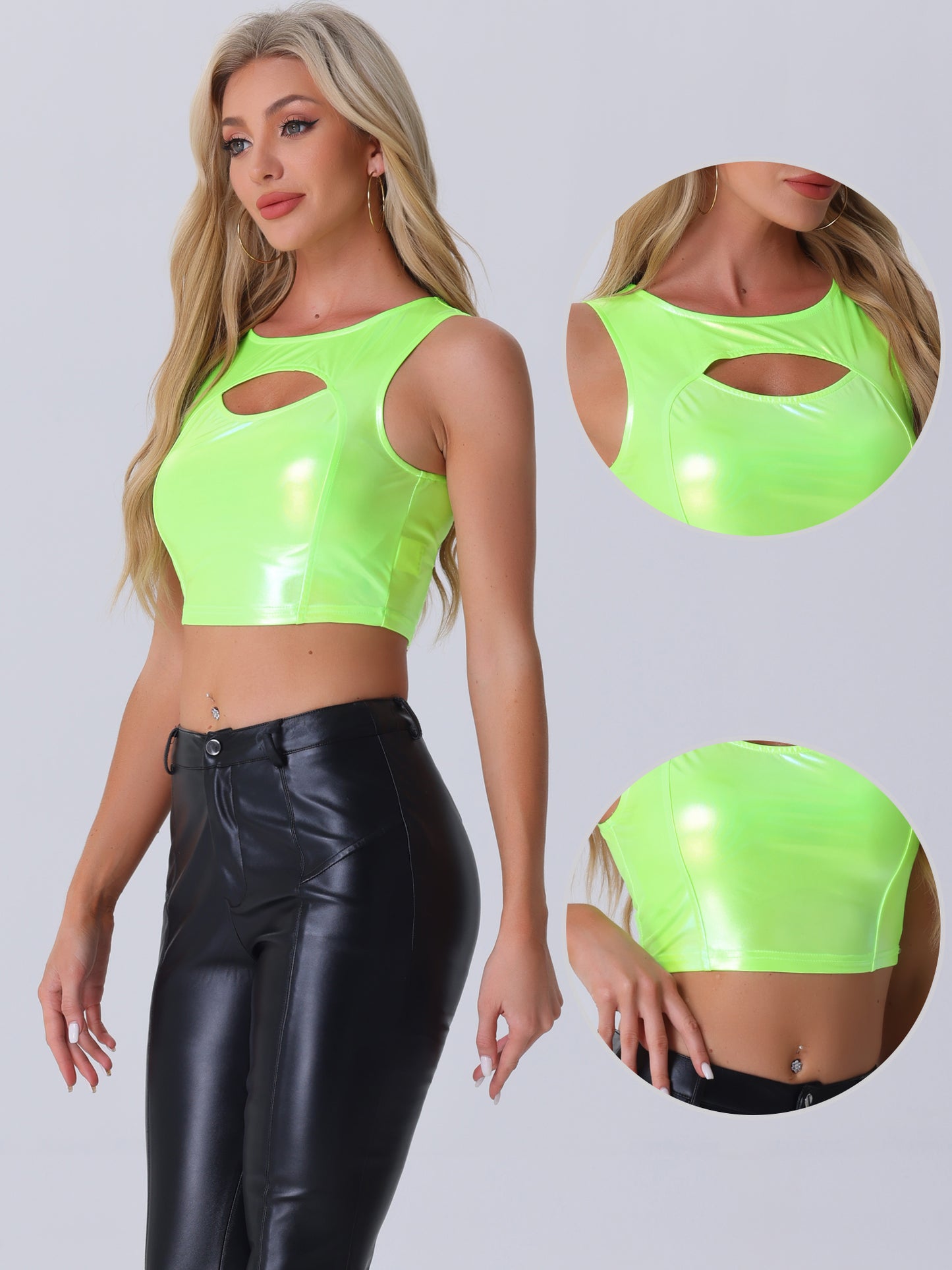 Women's Sleeveless Cut Out Party Clubwear Holographic Tank Metallic Crop Top