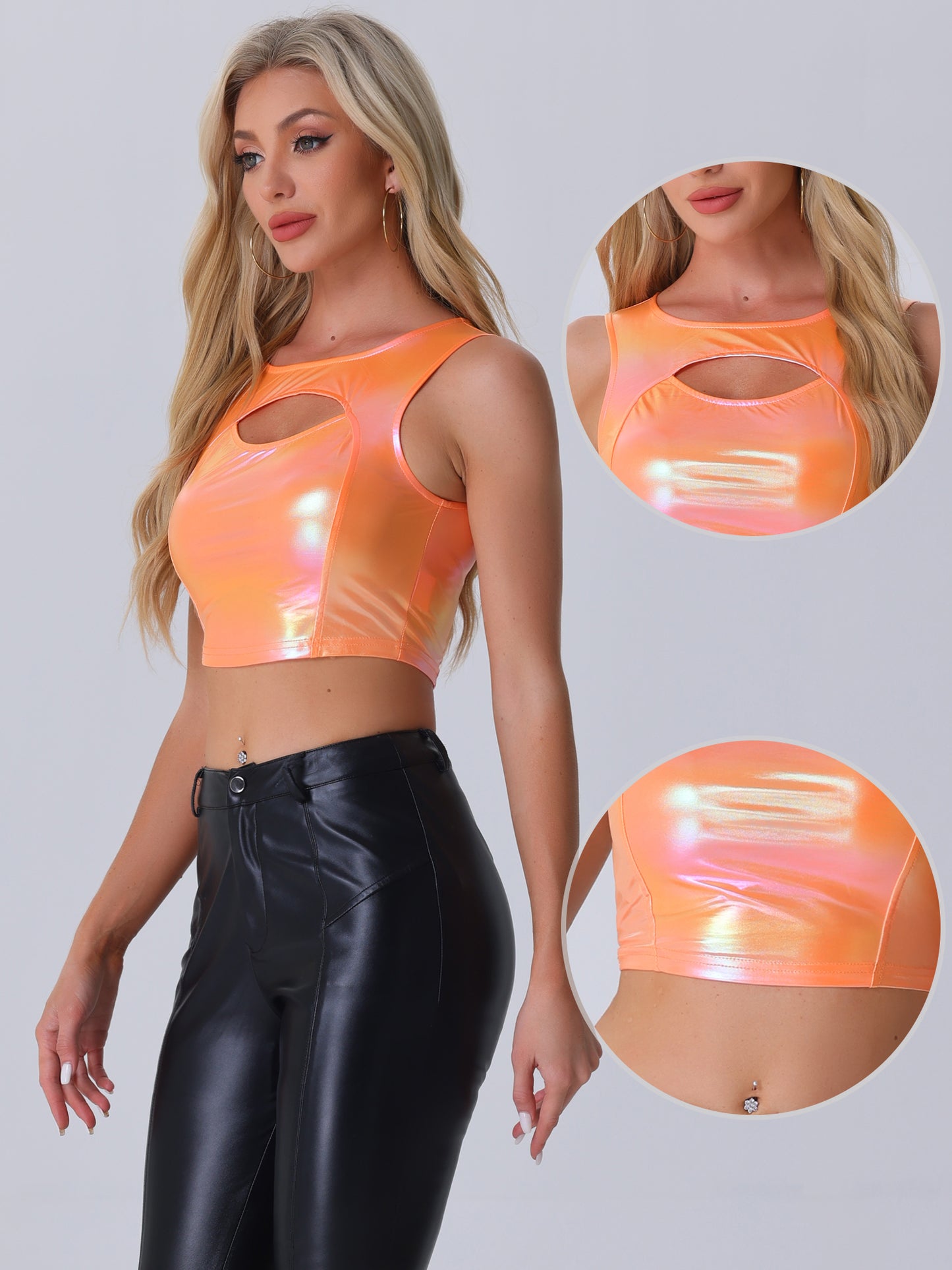 Women's Sleeveless Cut Out Party Clubwear Holographic Tank Metallic Crop Top