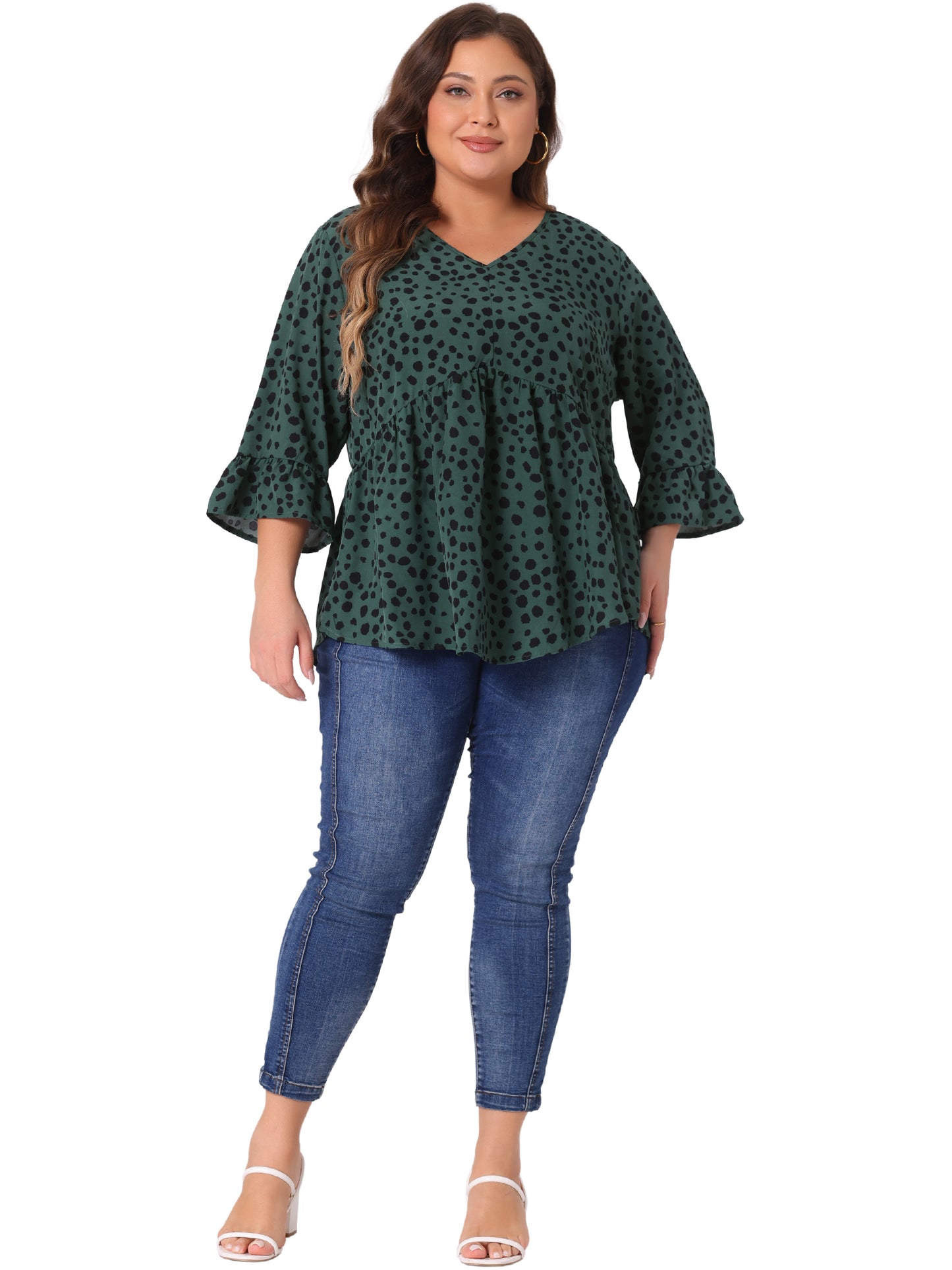 Women Plus Size Polka Dots Blouses V Neck 3/4 Ruffle Sleeve Peplum Top