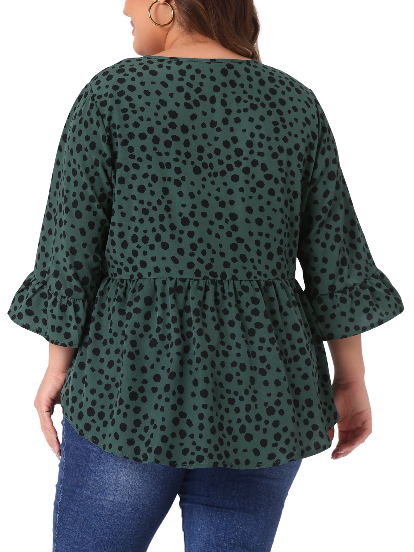 Women Plus Size Polka Dots Blouses V Neck 3/4 Ruffle Sleeve Peplum Top