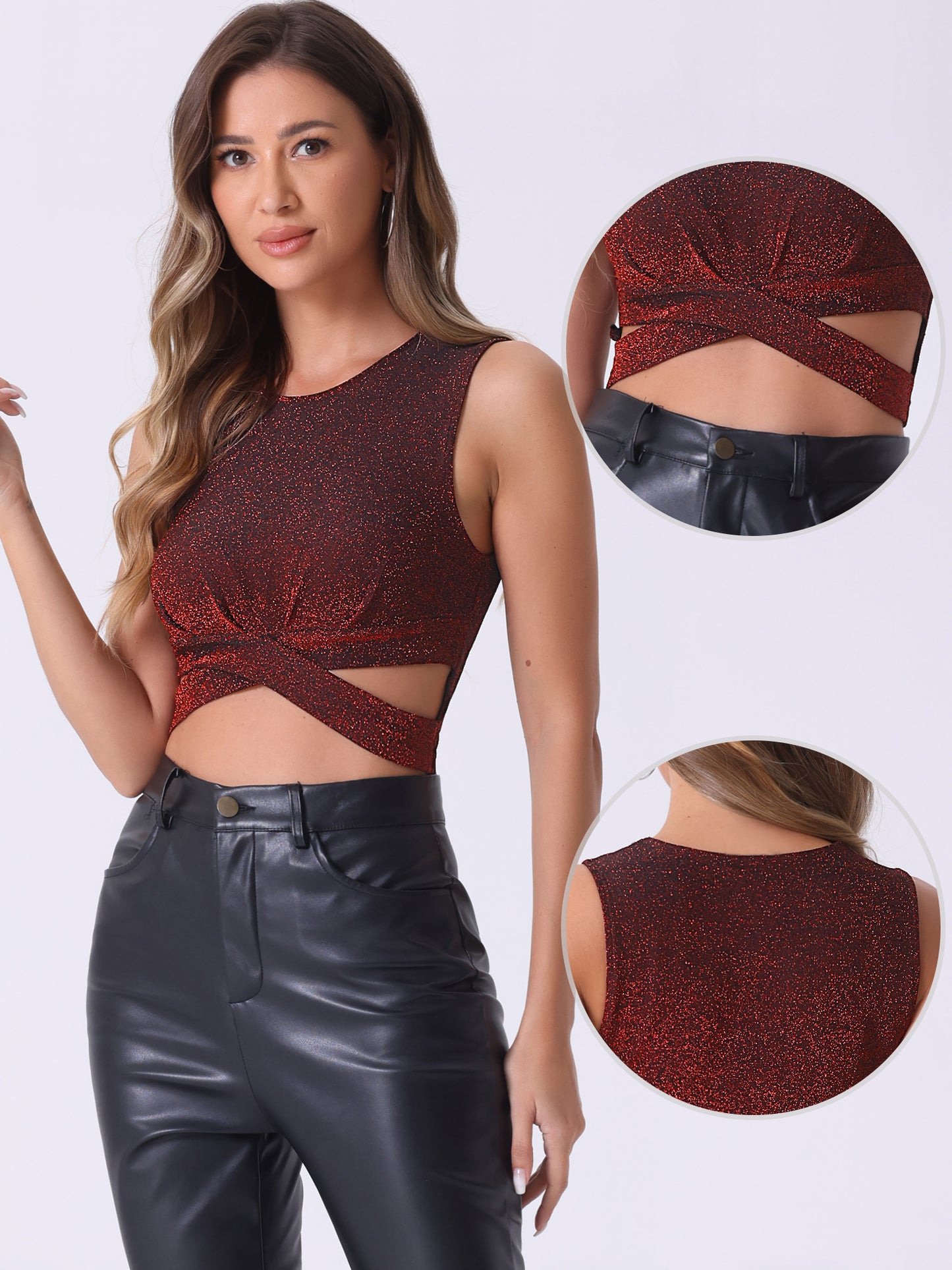 Women's Glitter Crop Top Sparkly Party Cutout Sleeveless Slim Fit Top
