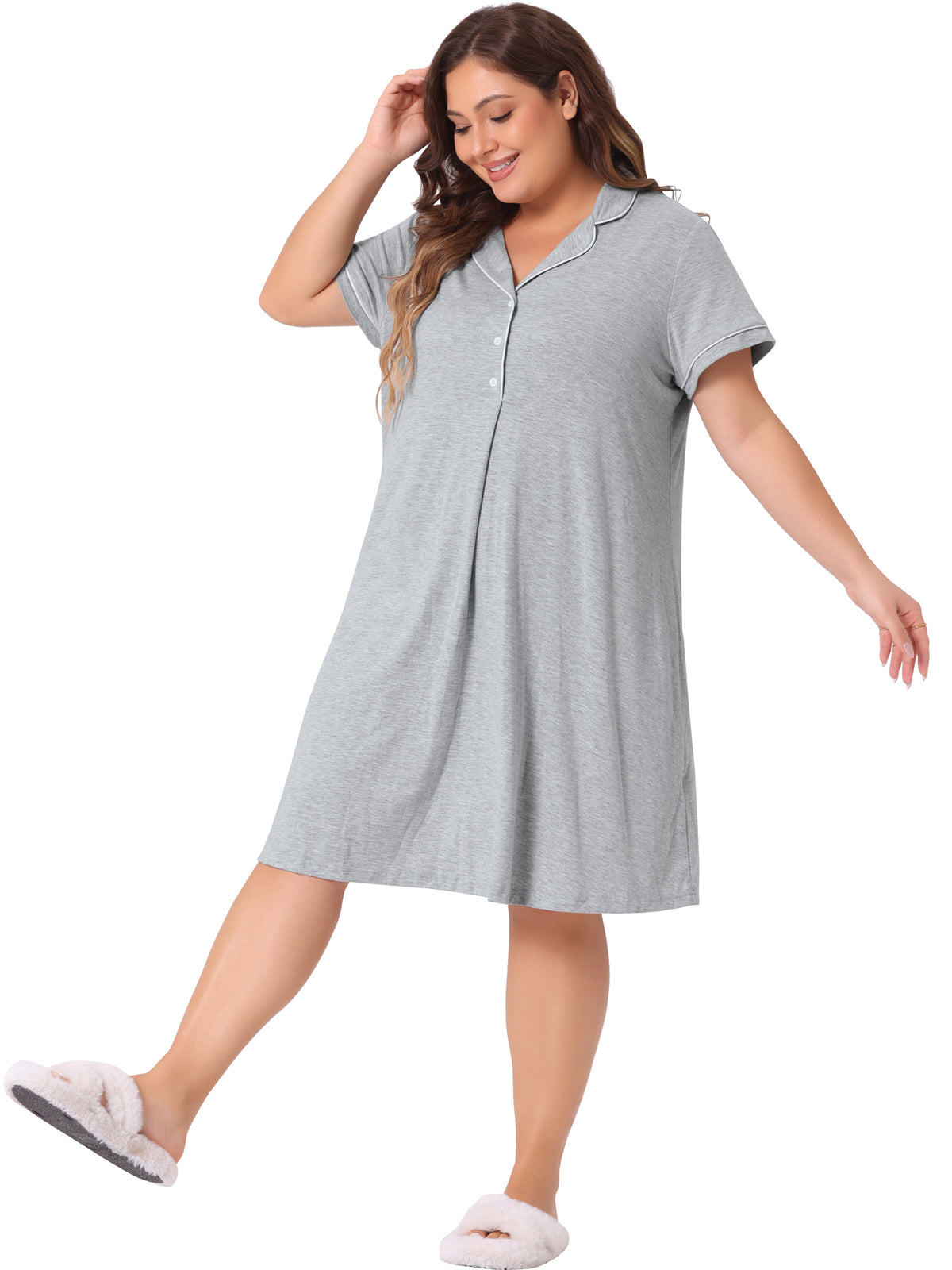 Women Plus Size Sleep Shirt Short Sleeves Pajama Button Down Sleepwear
