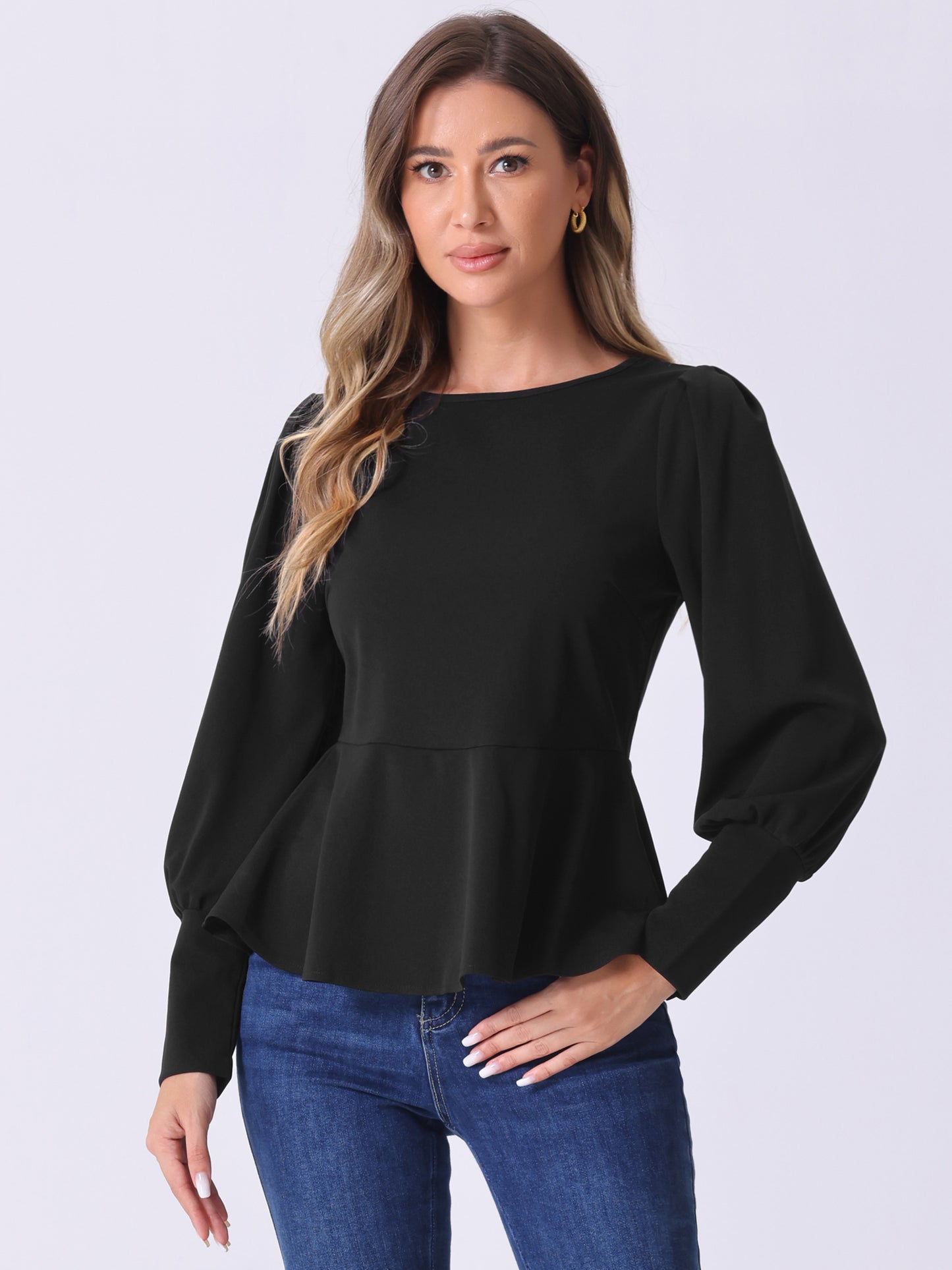 Women's Lantern Long Sleeve Peplum Tops Crewneck Babydoll Blouse Top