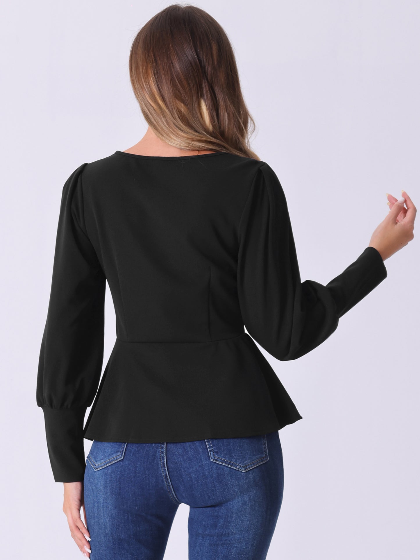 Women's Lantern Long Sleeve Peplum Tops Crewneck Babydoll Blouse Top