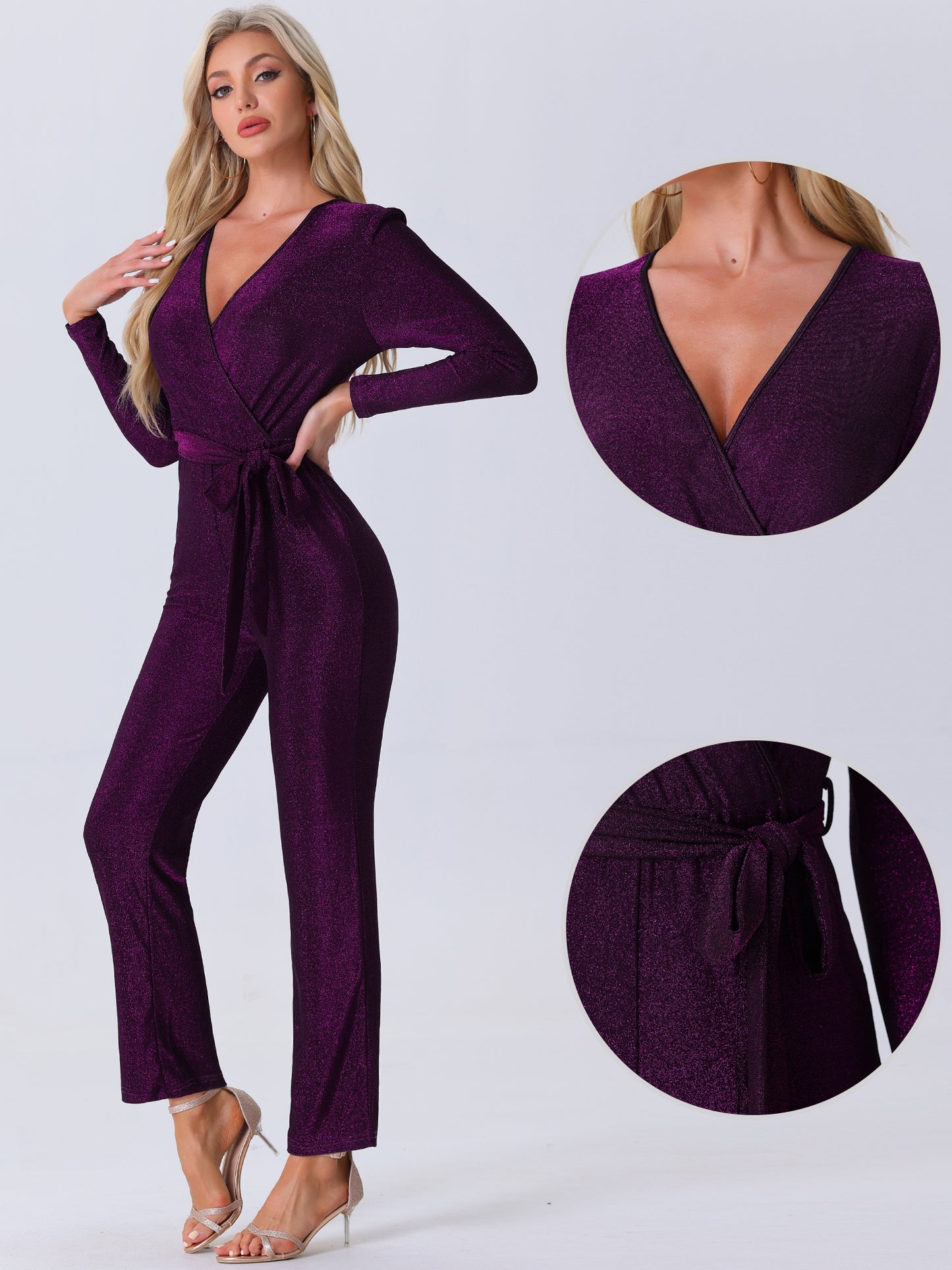 Women Sparkly Jumpsuit Deep V Neck Long Sleeve Belt Night Party Clubwear Giltter Jumpsuits