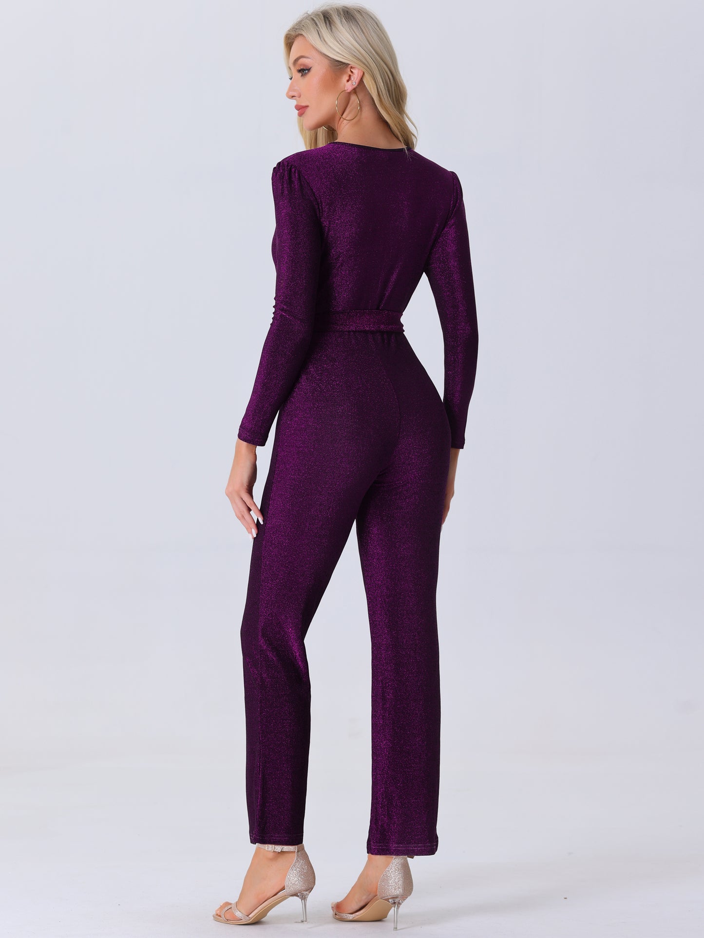 Women Sparkly Jumpsuit Deep V Neck Long Sleeve Belt Night Party Clubwear Giltter Jumpsuits
