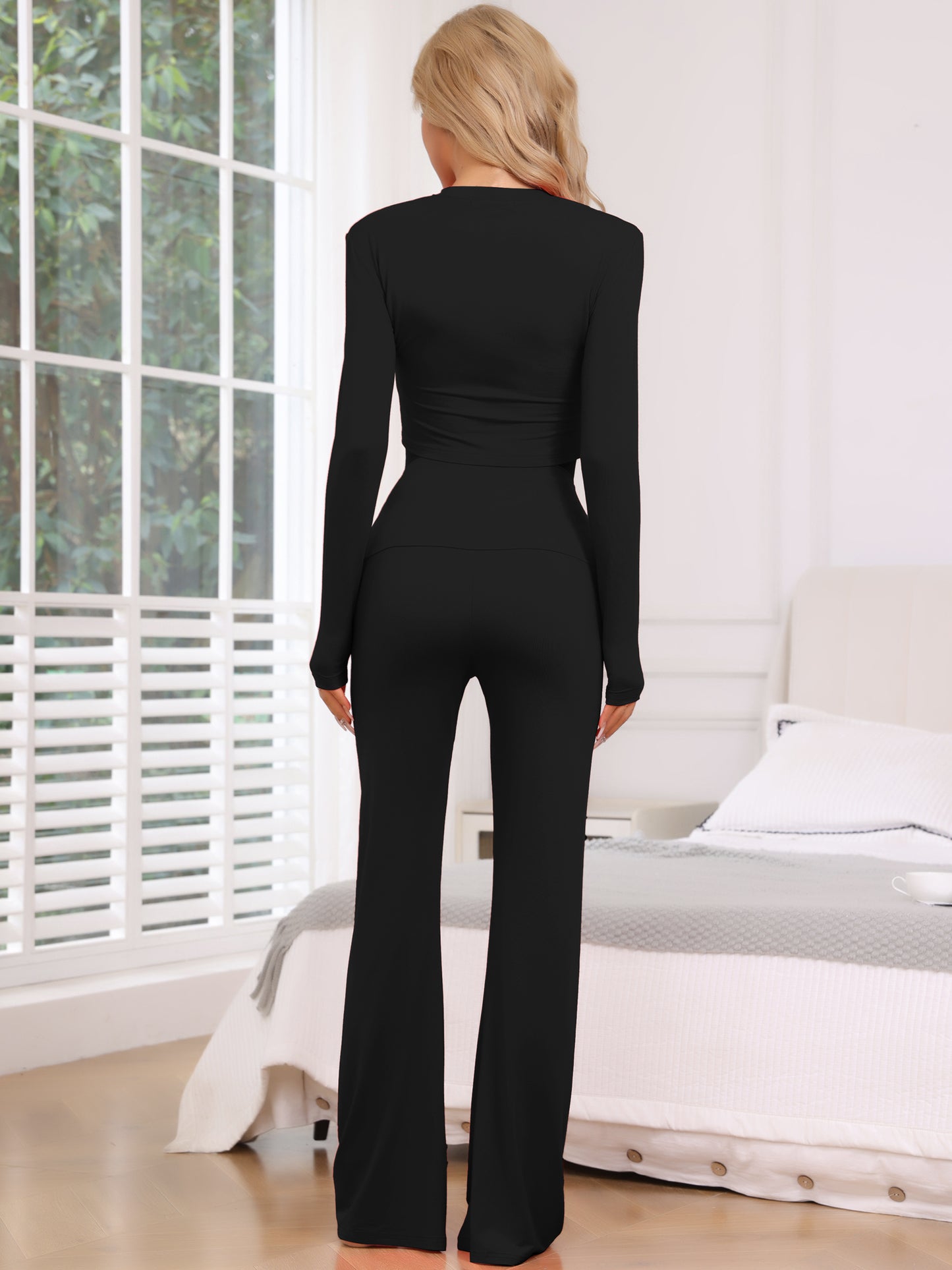 Conjunto de 2 piezas para mujer, top corto de manga larga, pantalones acampanados plegables, pijama informal
