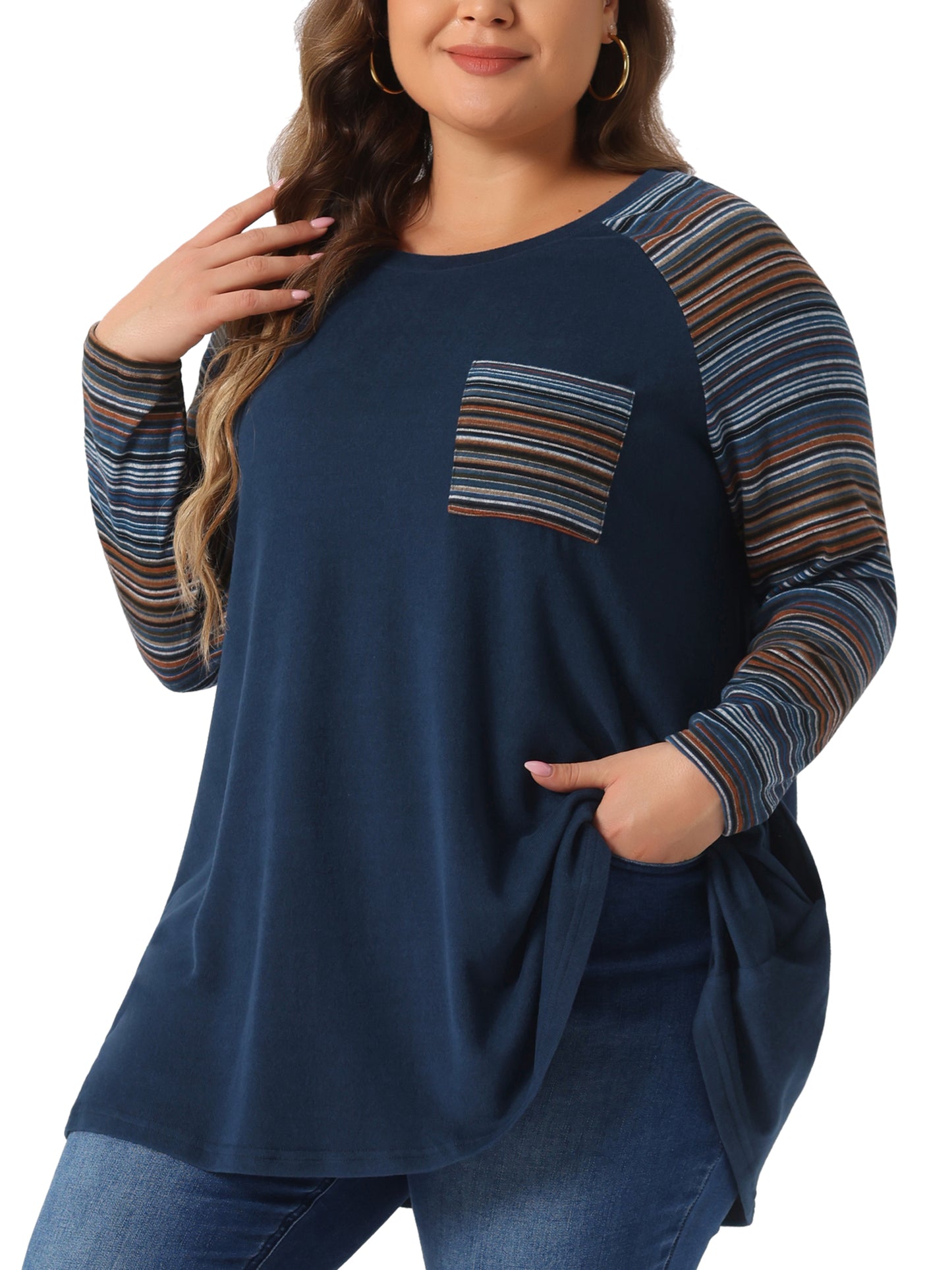 Women Plus Size Tunic Tops Long Sleeve Raglan Color Block Knit Pullover Fall Shirts with Pockets