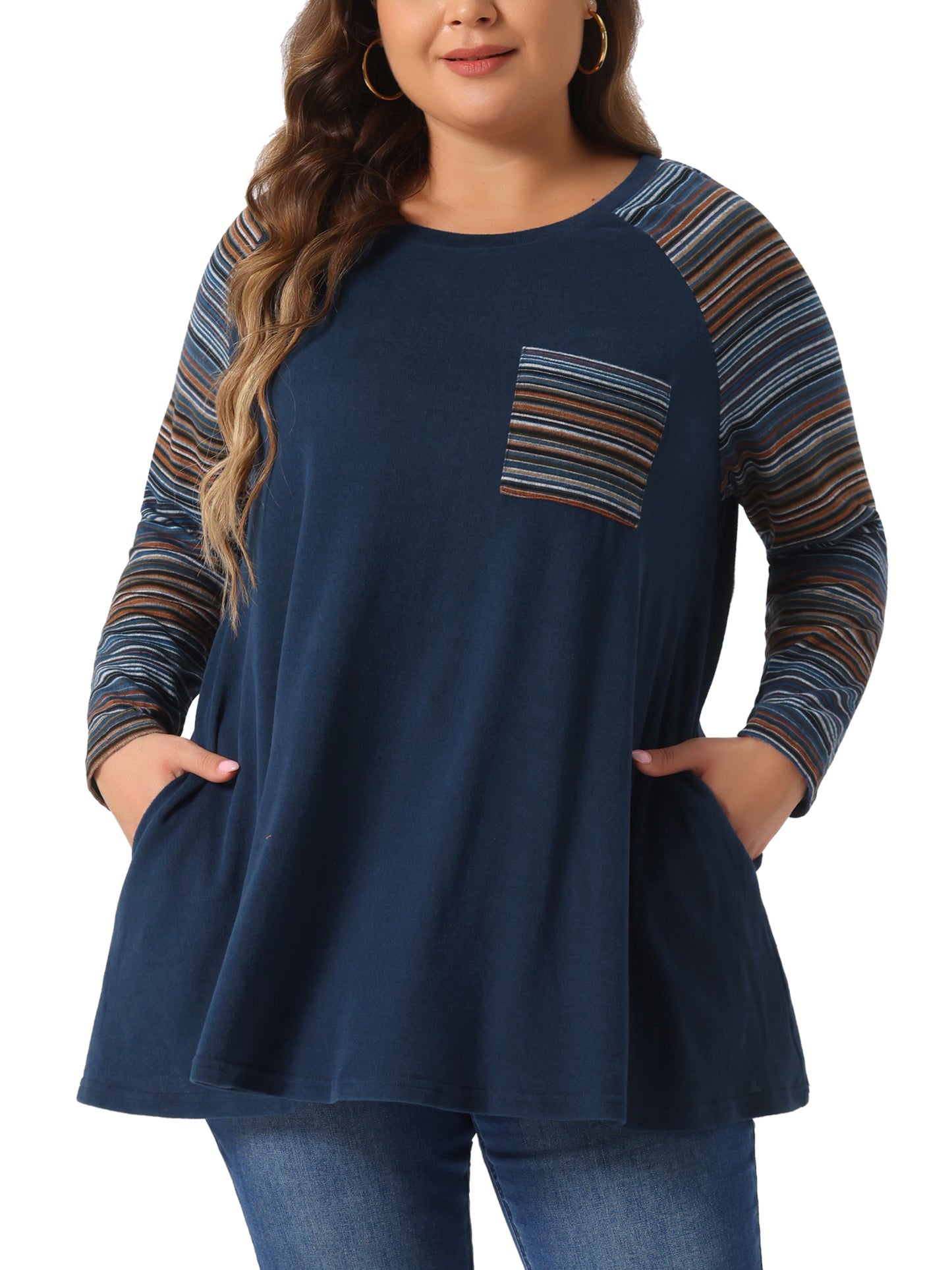 Women Plus Size Tunic Tops Long Sleeve Raglan Color Block Knit Pullover Fall Shirts with Pockets