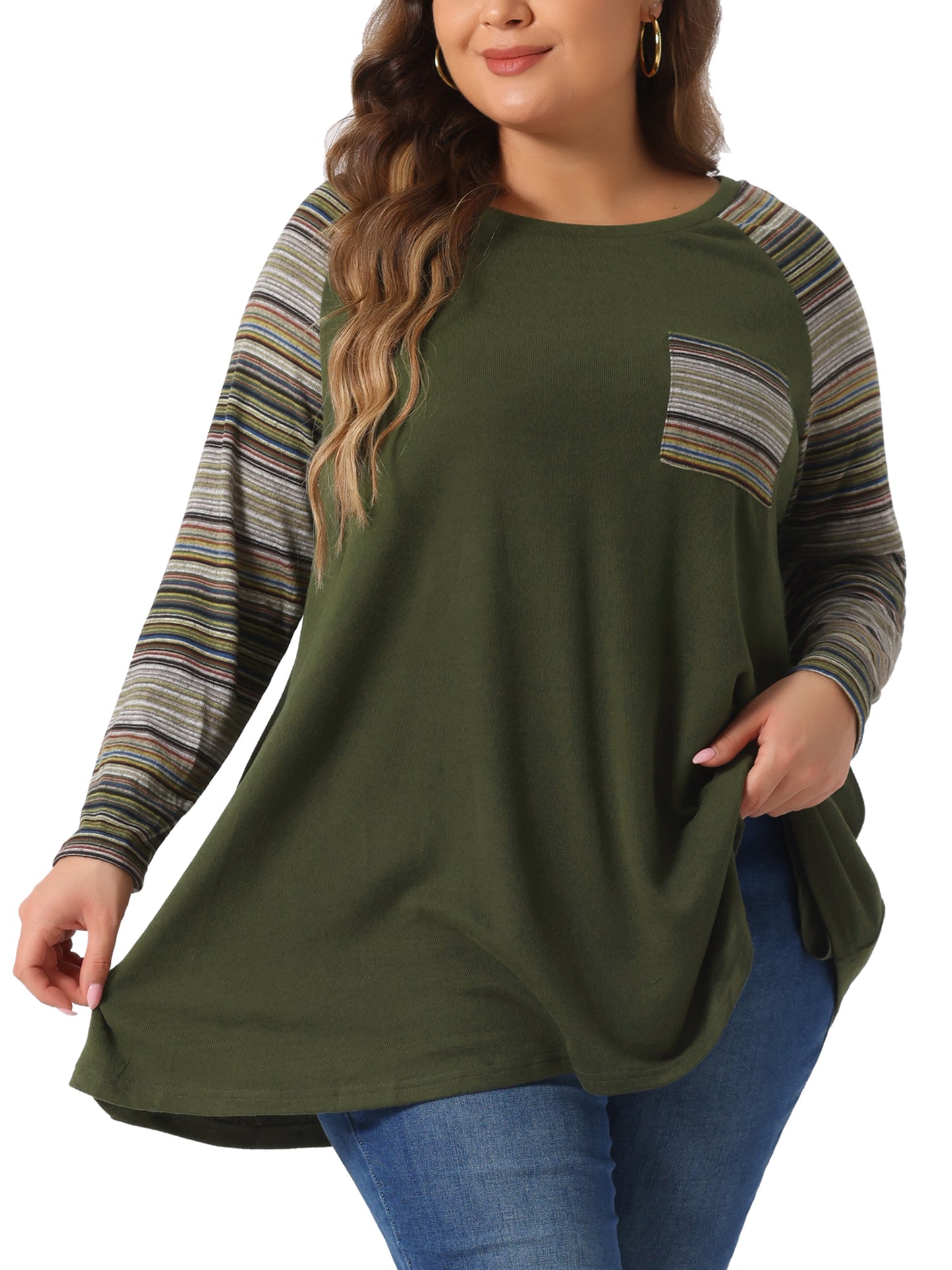 Women Plus Size Tunic Tops Long Sleeve Raglan Color Block Knit Pullover Fall Shirts with Pockets