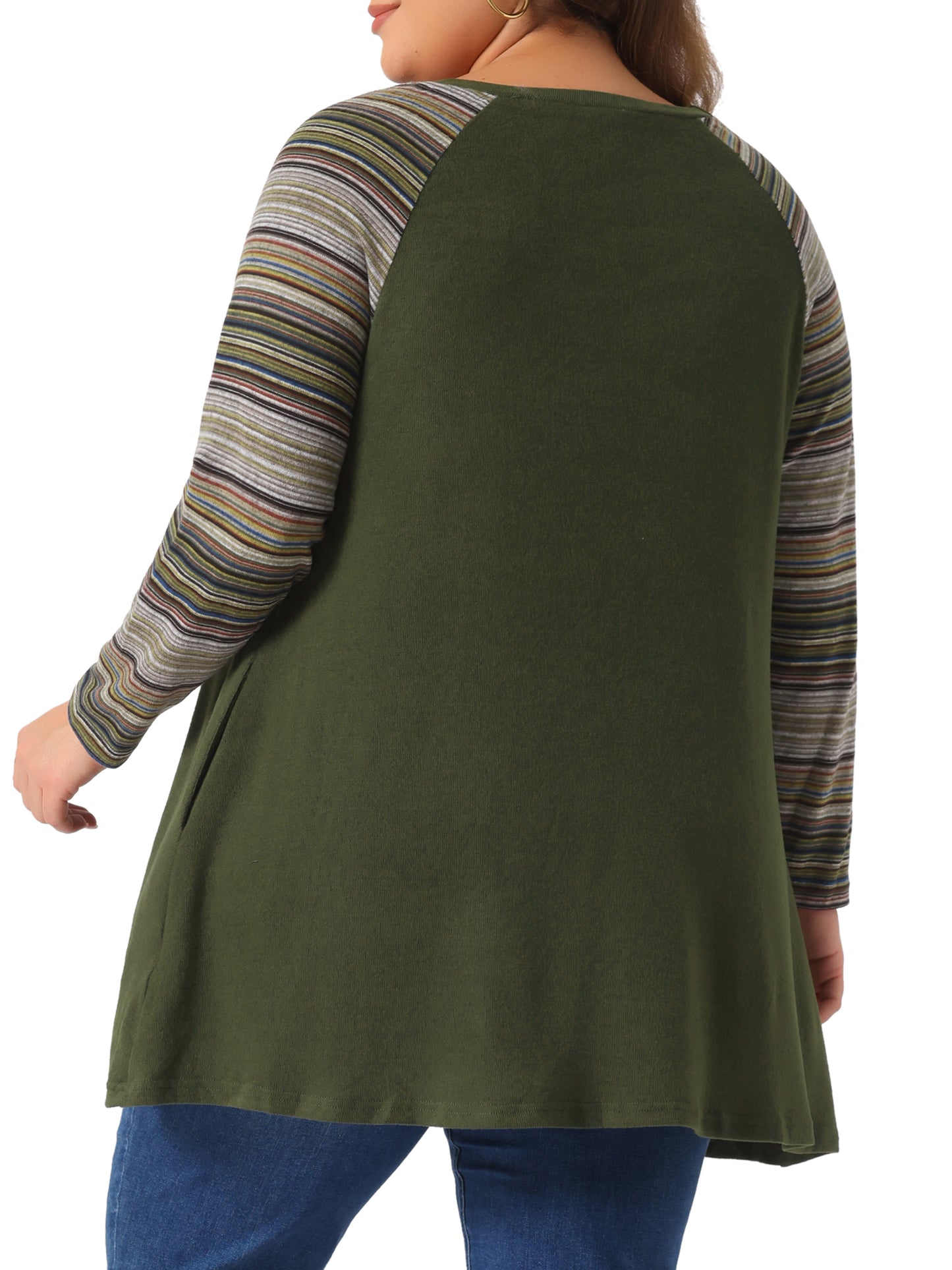 Women Plus Size Tunic Tops Long Sleeve Raglan Color Block Knit Pullover Fall Shirts with Pockets