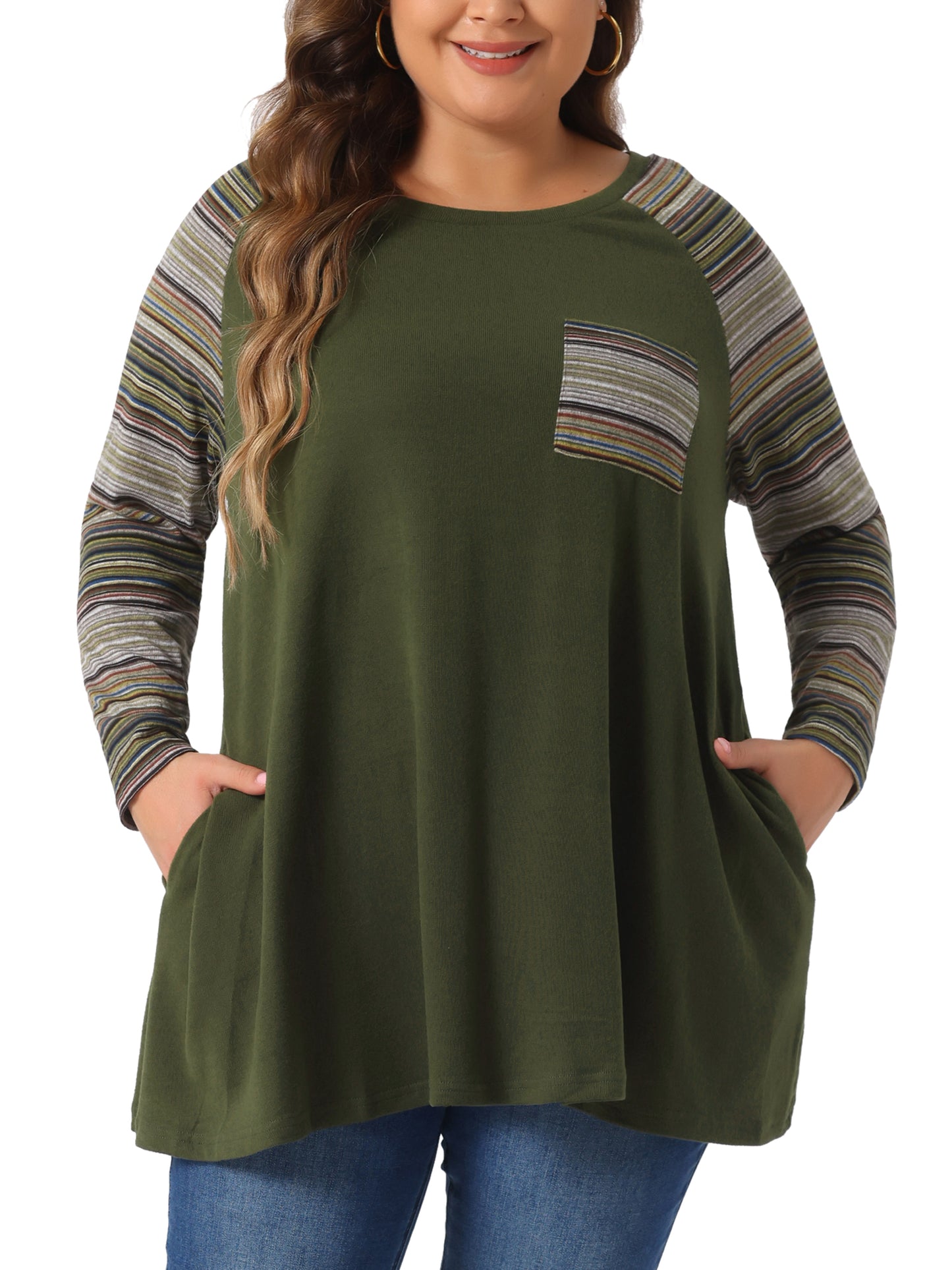 Women Plus Size Tunic Tops Long Sleeve Raglan Color Block Knit Pullover Fall Shirts with Pockets