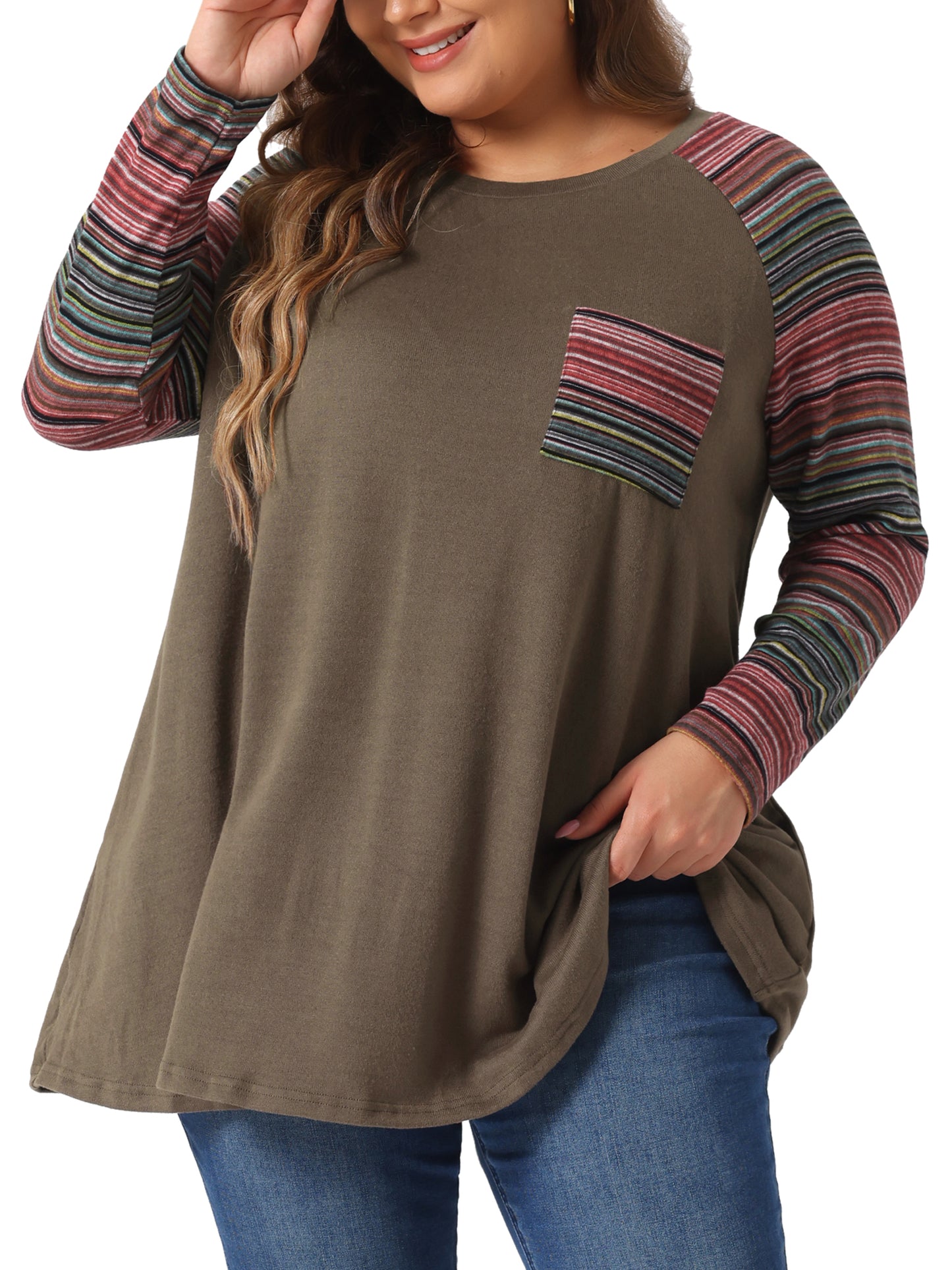 Women Plus Size Tunic Tops Long Sleeve Raglan Color Block Knit Pullover Fall Shirts with Pockets