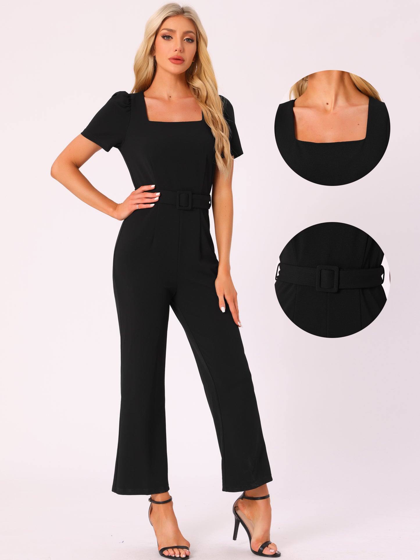 Women's Elegant Square Neck Puff Short Sleeve Loose Wide Leg Romper Work Jumpsuits