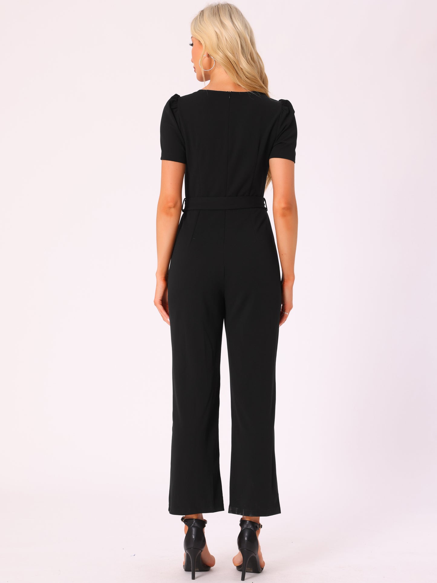 Women's Elegant Square Neck Puff Short Sleeve Loose Wide Leg Romper Work Jumpsuits