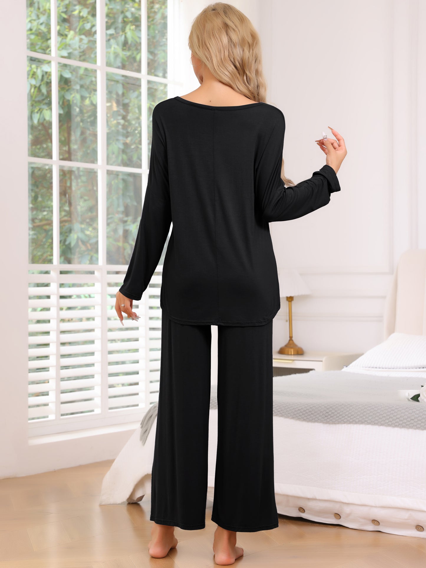 Women's Lounge Set High Low Top Long Sleeve Pants Pj Sets 2 Piece Loose Sleepwear Loungewear