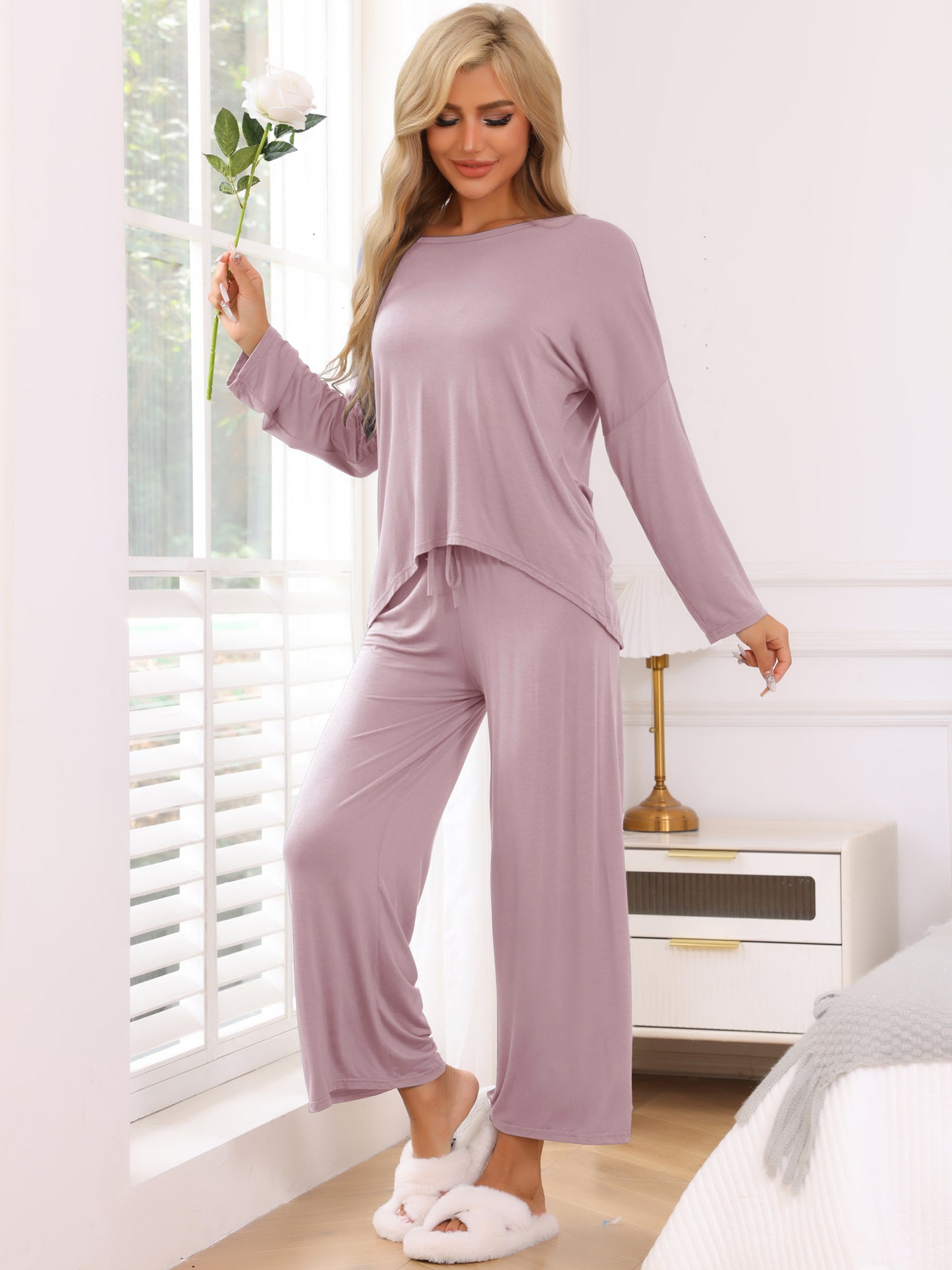 Conjunto de pijama de 2 piezas para mujer, con pantalones de manga larga y corte alto y bajo, ropa de dormir holgada