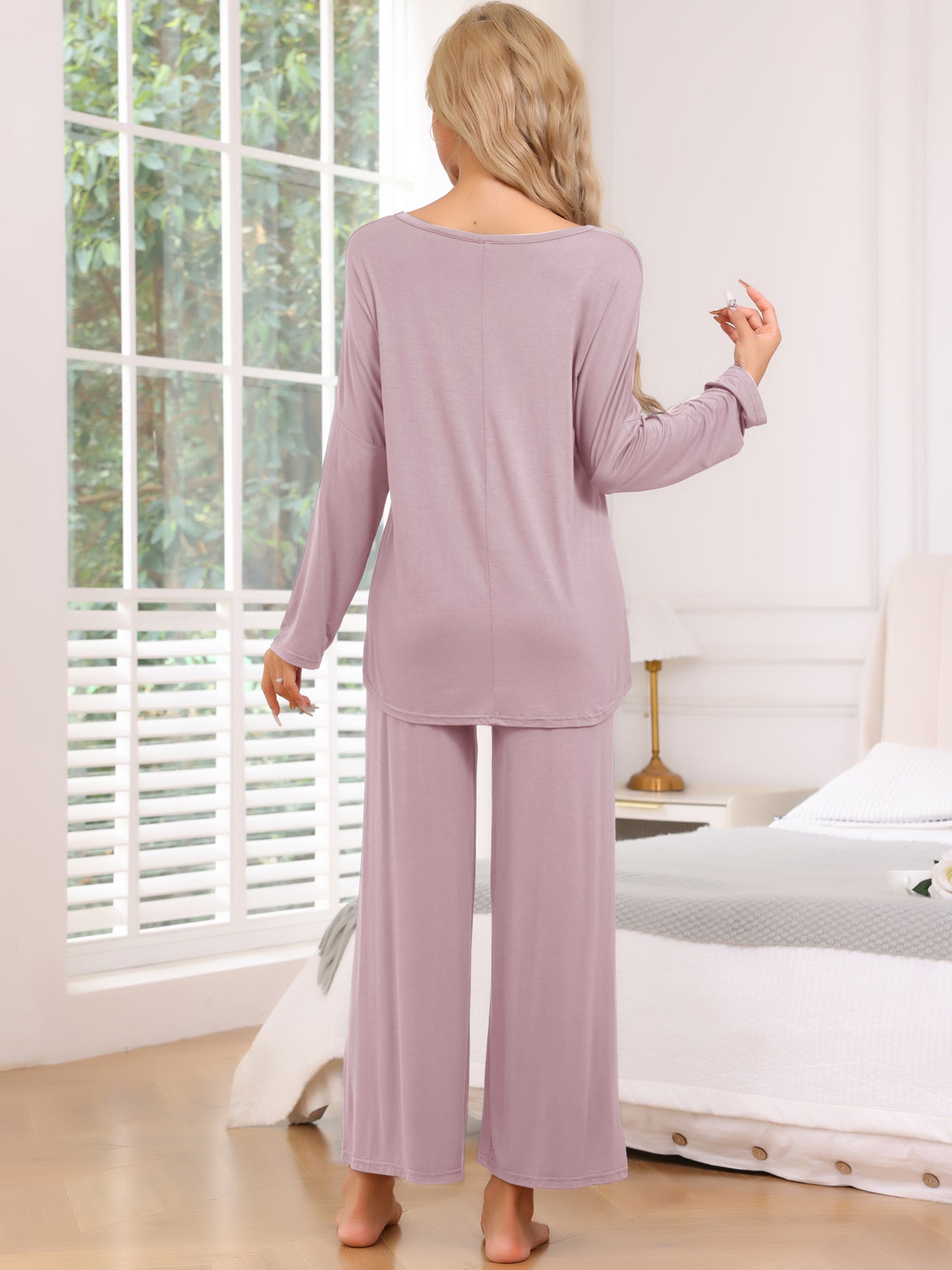 Conjunto de pijama de 2 piezas para mujer, con pantalones de manga larga y corte alto y bajo, ropa de dormir holgada