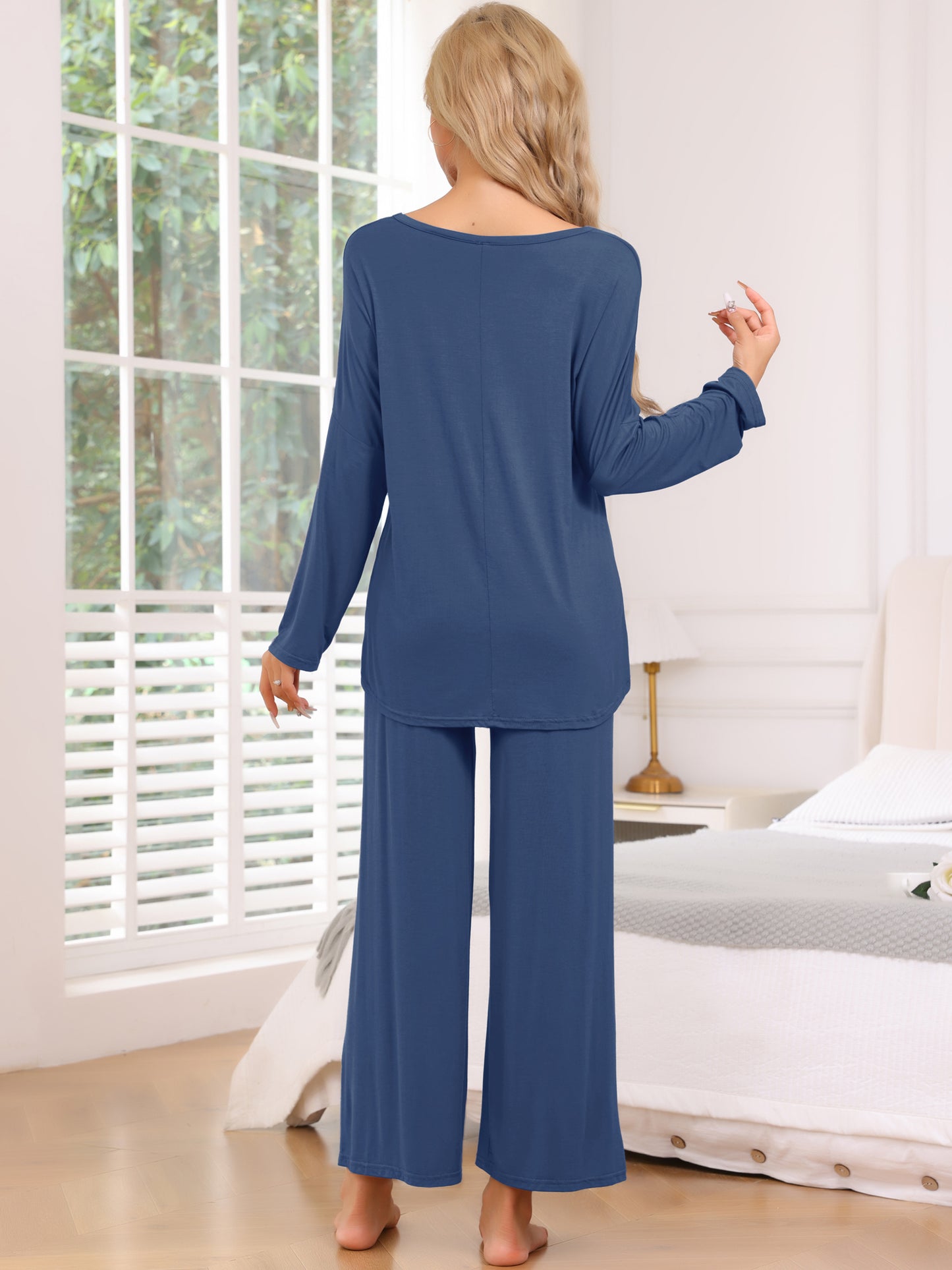 Conjunto de pijama de 2 piezas para mujer, con pantalones de manga larga y corte alto y bajo, ropa de dormir holgada