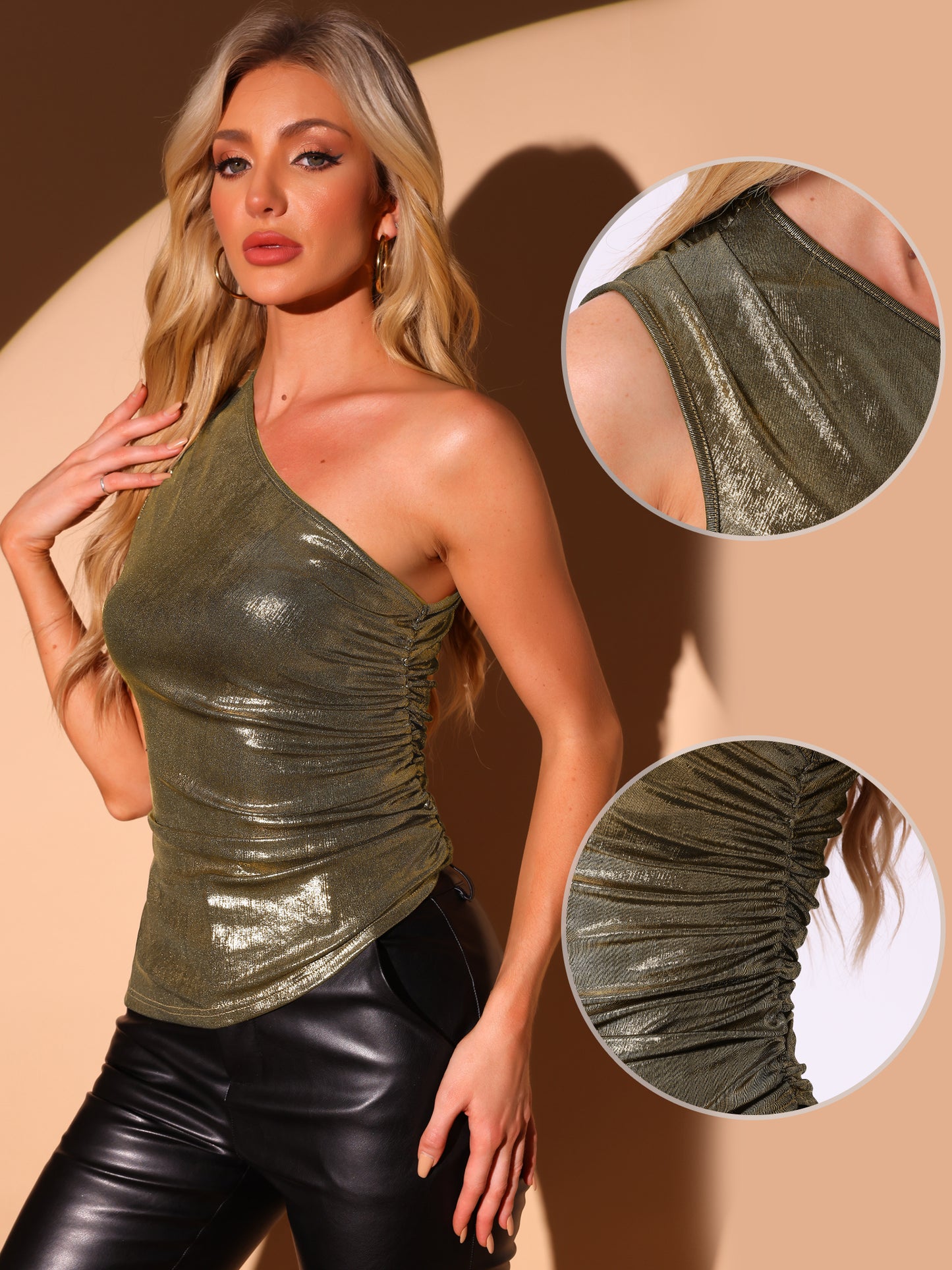 Women's Ruched Stretch Sleeveless Night Out Party Clubwear Glitter One Shoulder Top