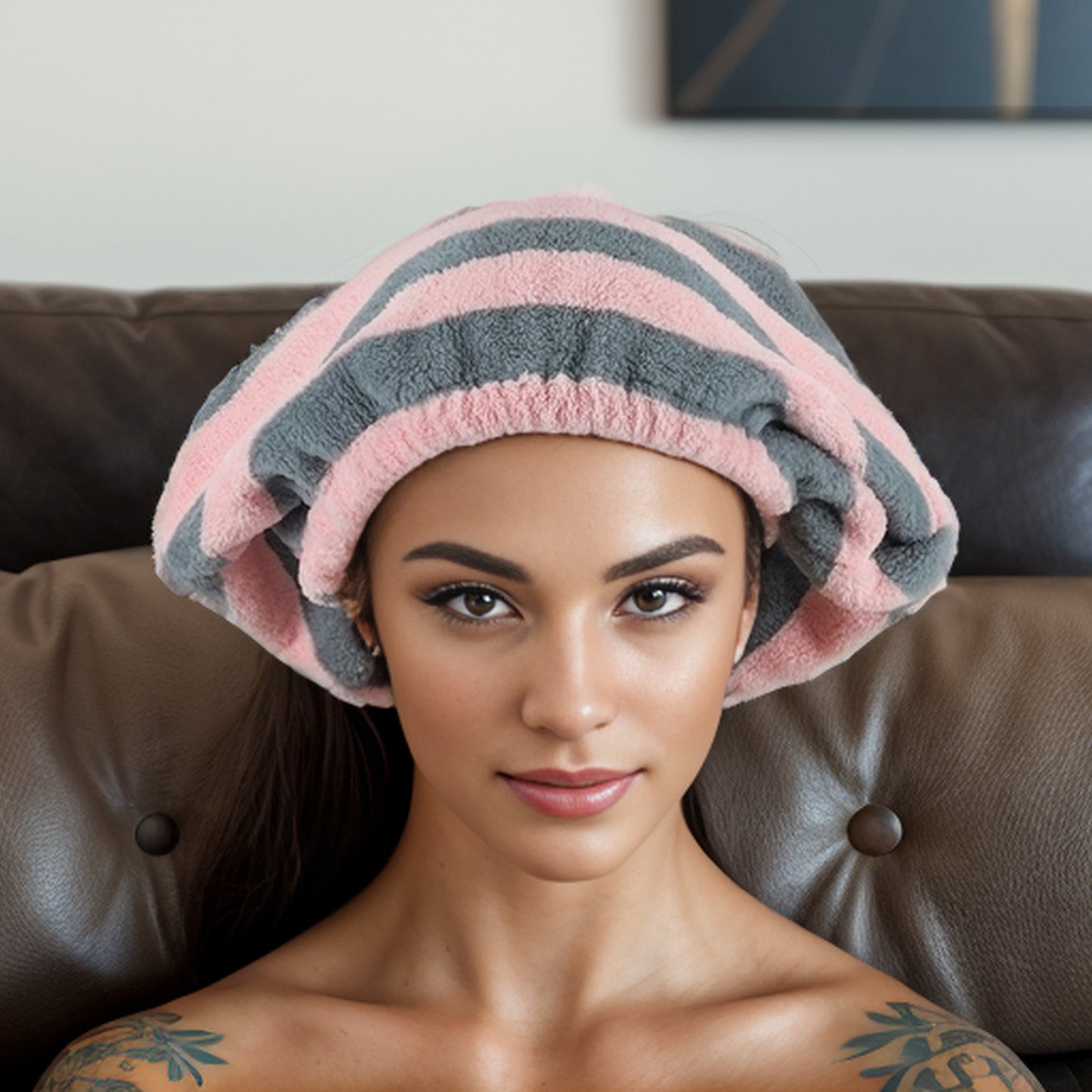 2 Pcs Hair Drying Towel, Stripe Absorbent Hair Towel Wrap for Women, Pink Gray White