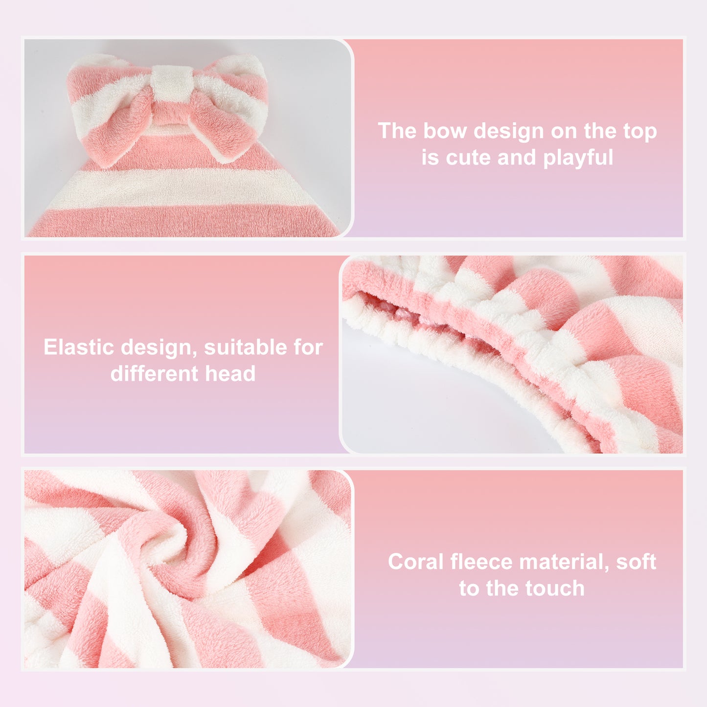 2 Pcs Hair Drying Towel, Stripe Absorbent Hair Towel Wrap for Women, Pink Green White