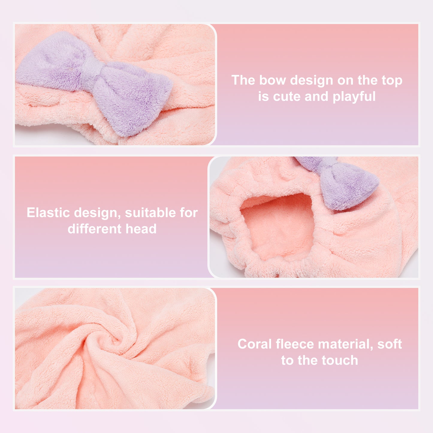 2 Pcs Hair Drying Towels, Triangular Bow Hair Towel Wrap for Women, Pink