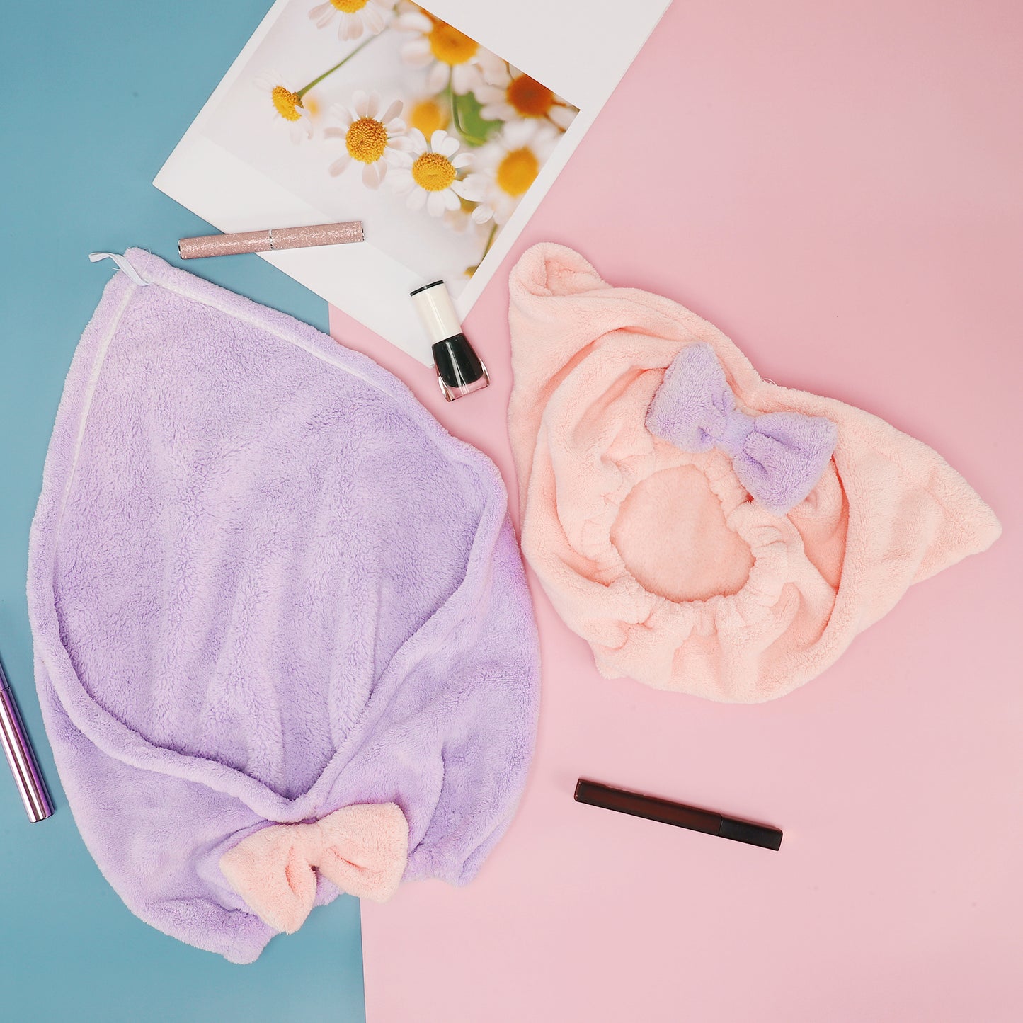 2 Pcs Hair Drying Towels, Triangular Bow Hair Towel Wrap for Women, Pink Purple