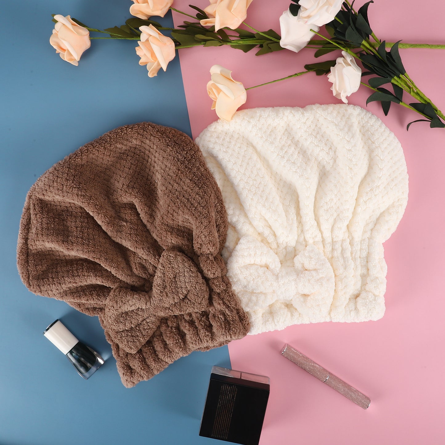 2 Pcs Hair Drying Towel, Bow Hair Towel Wrap for Women Beige Brown