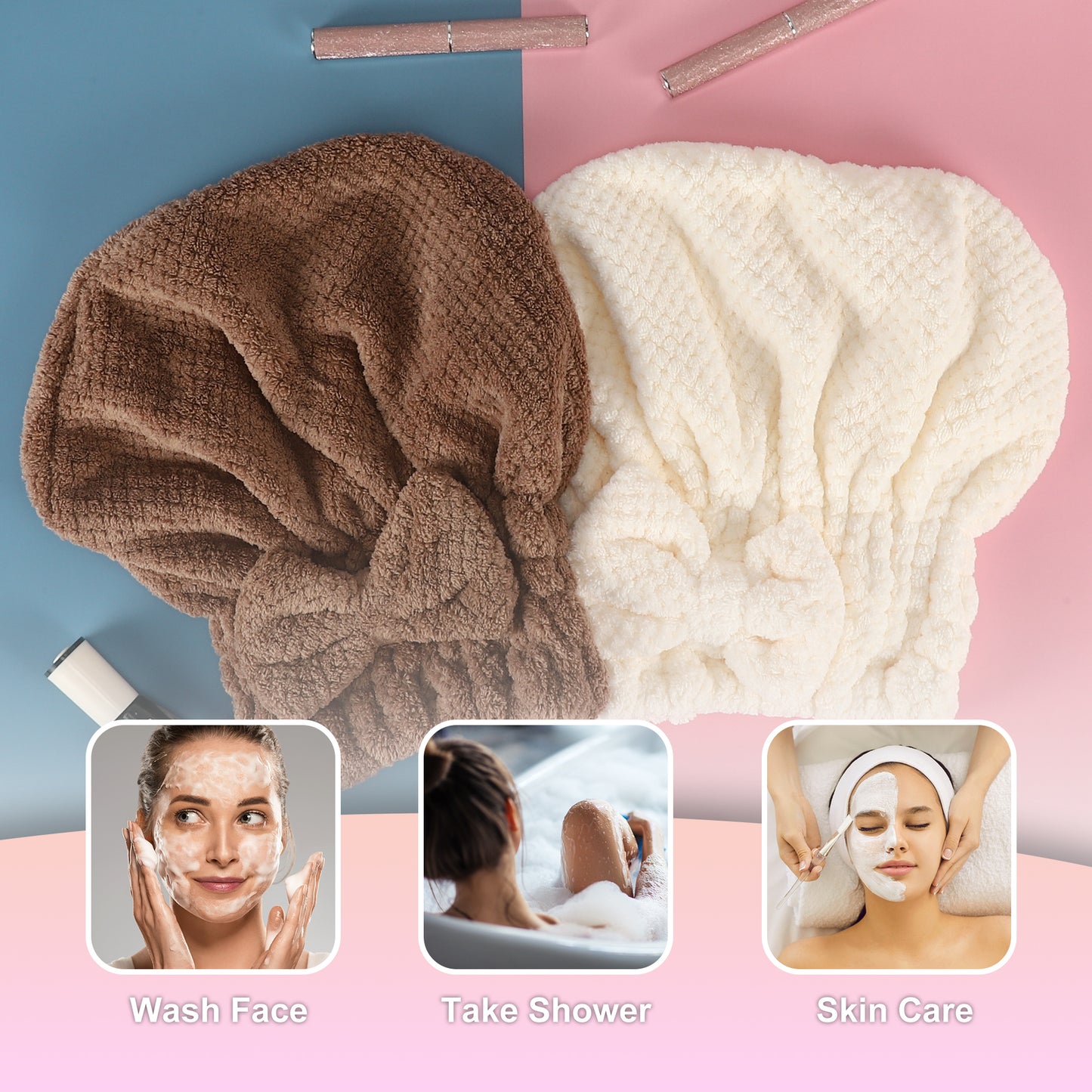 2 Pcs Hair Drying Towel, Bow Hair Towel Wrap for Women Beige Brown