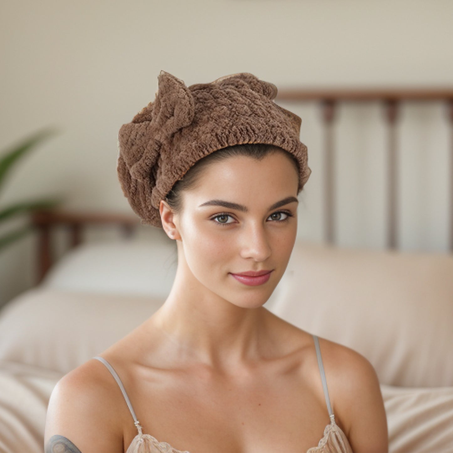 2 Pcs Hair Drying Towel, Bow Hair Towel Wrap for Women Beige Brown