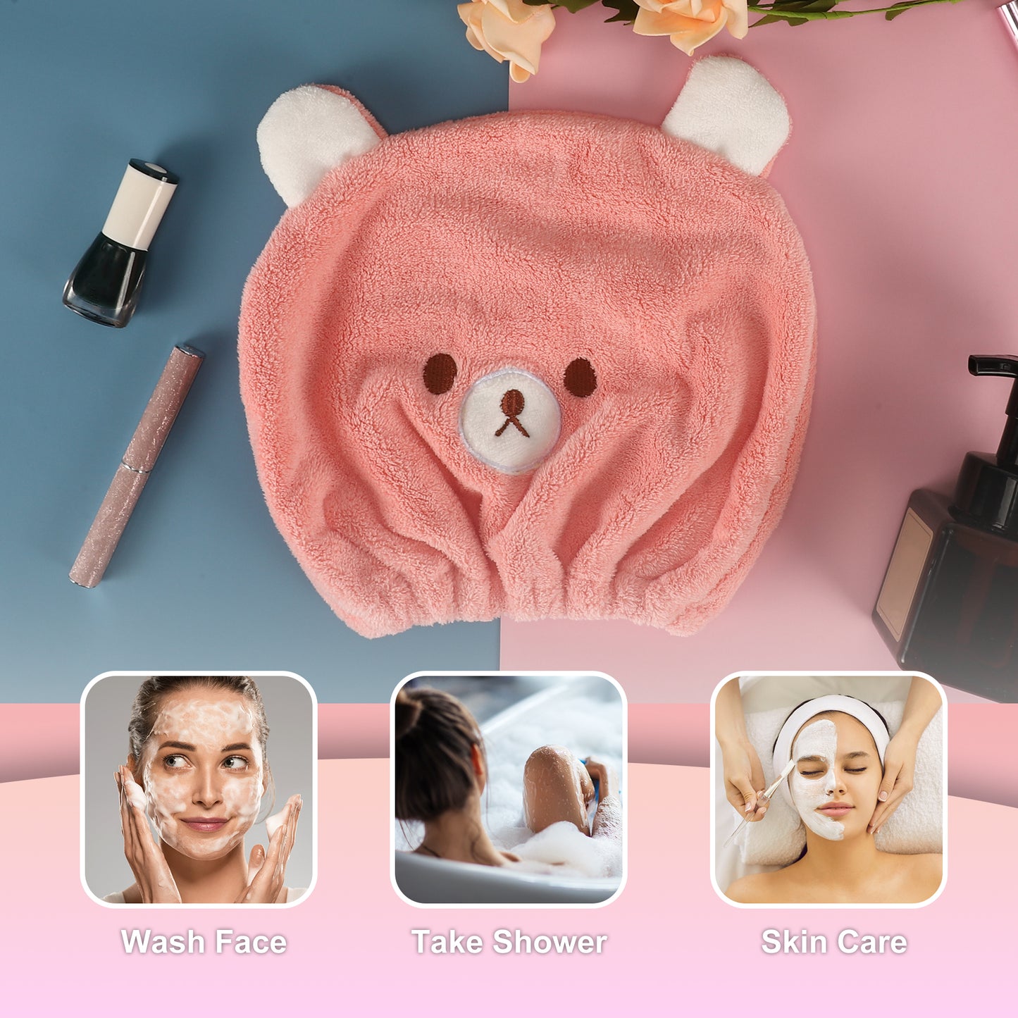 Hair Drying Towel, Bear Hair Towel Quick Drying Wrap for Women Pink
