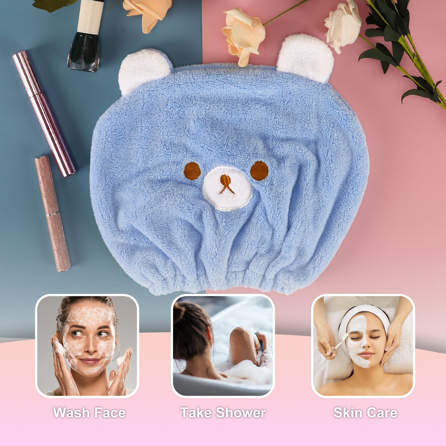 Hair Drying Towel, Bear Hair Towel Quick Drying Wrap for Women Blue