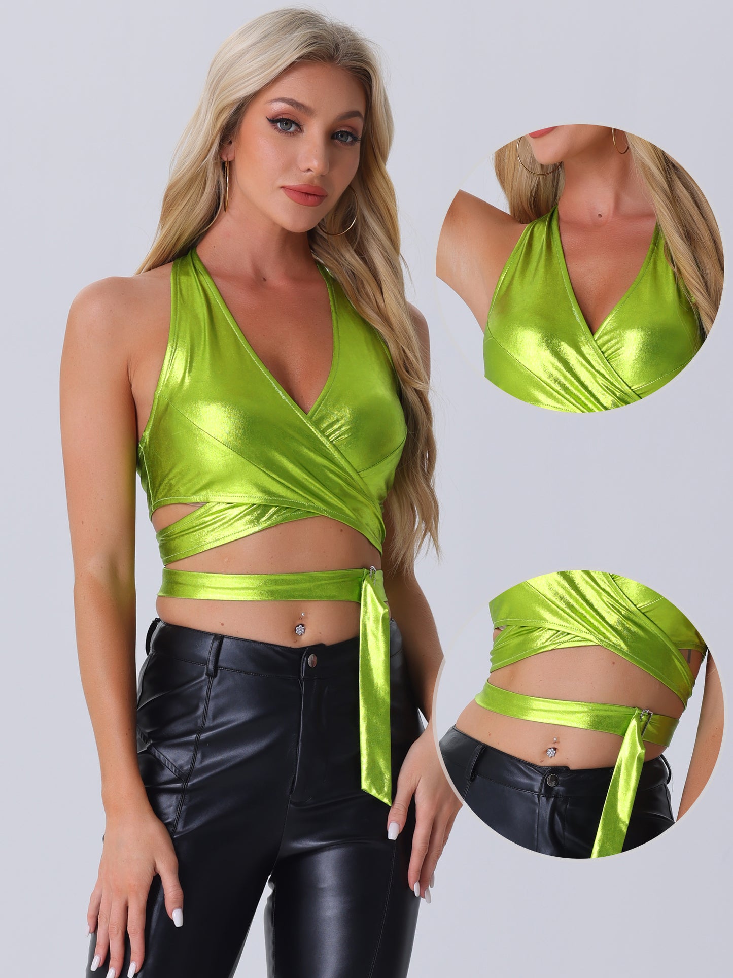 Women's Metallic Halter Neck Top Deep V Neck Backless Holographic Crop Top Clubwear