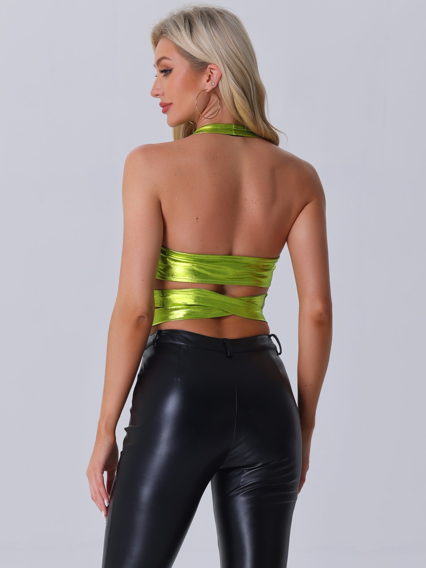 Women's Metallic Halter Neck Top Deep V Neck Backless Holographic Crop Top Clubwear